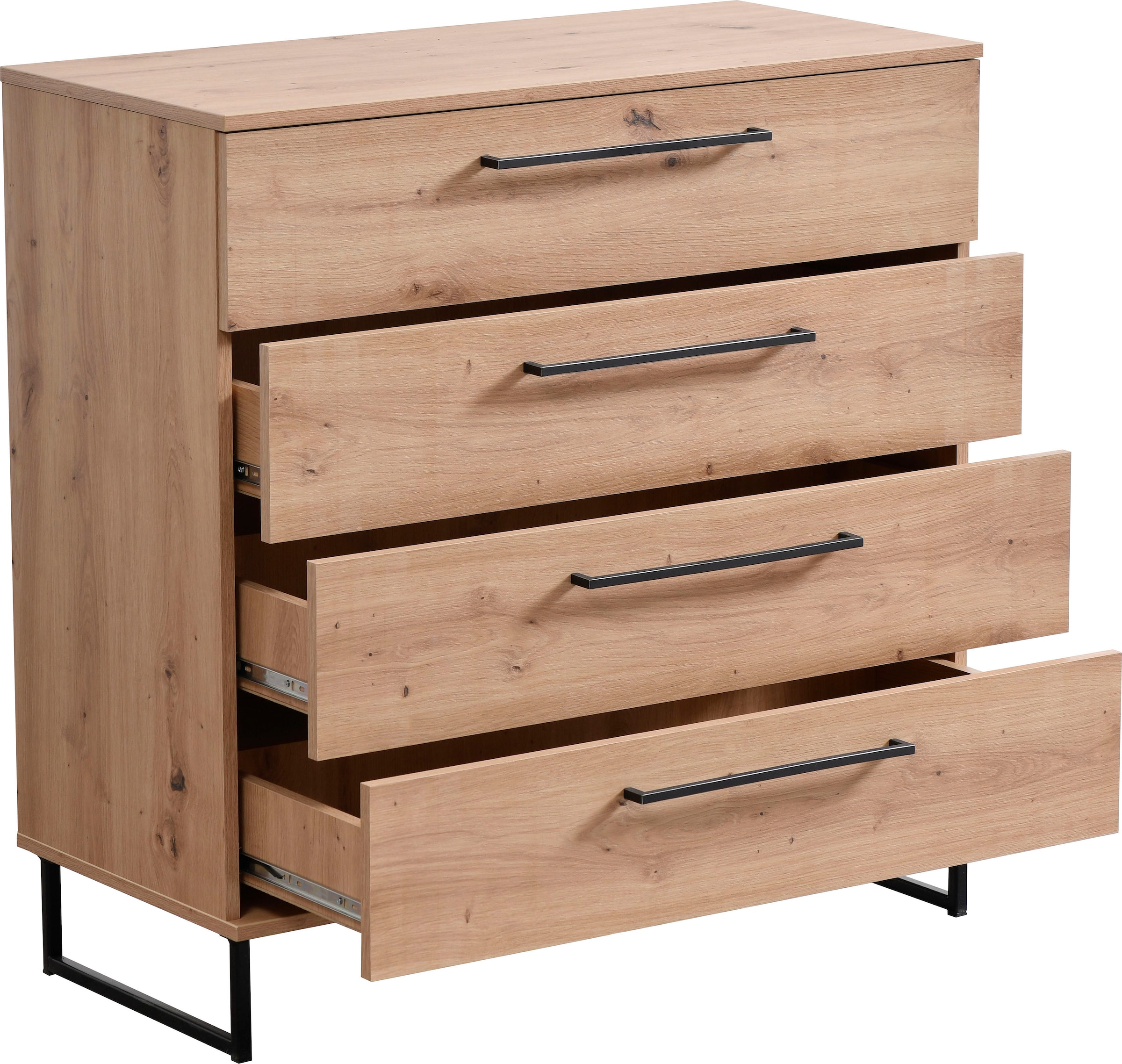 INOSIGN Schubkastenkommode »Sardinia, 91x92,5x42cm, FSC®-zertifizierter Holzwerkstoff«, mit 4 Schubladen, mit trendigen schwarzen Griffen und Metallfüße