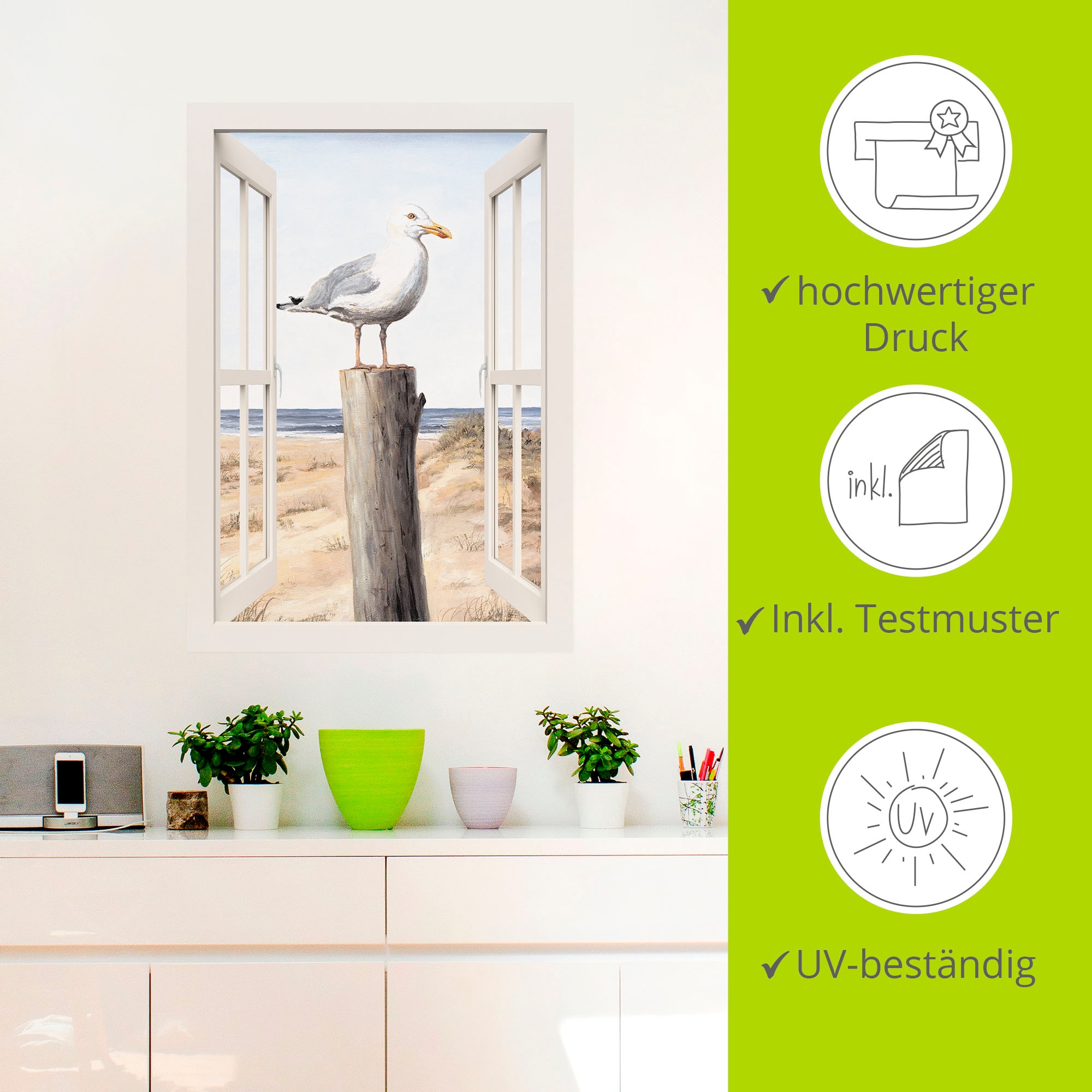 Artland Wandbild »Möwe Fensterblick«, Vogelbilder, (1 St.), als Alubild, Leinwandbild, Wandaufkleber oder Poster in versch. Größen
