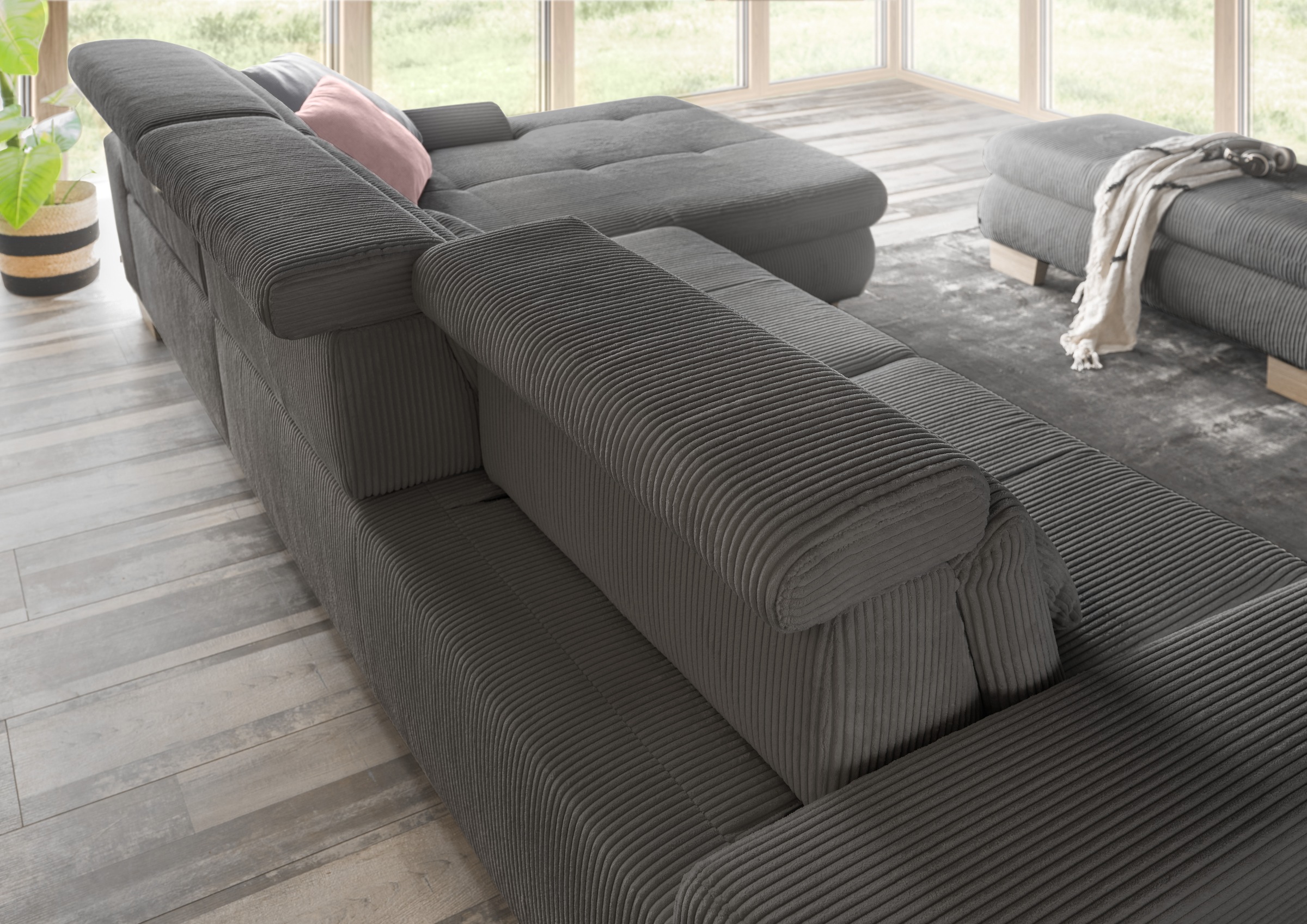 set one by Musterring Ecksofa »SO 3400 Sitzhöhe 47cm oder 49cm, Sitztiefe verstellbar, B/T: 307/195cm« whlw. mit Funktion, Kaltschaum, in Cord, anthrazit, Sitzhöhe 47