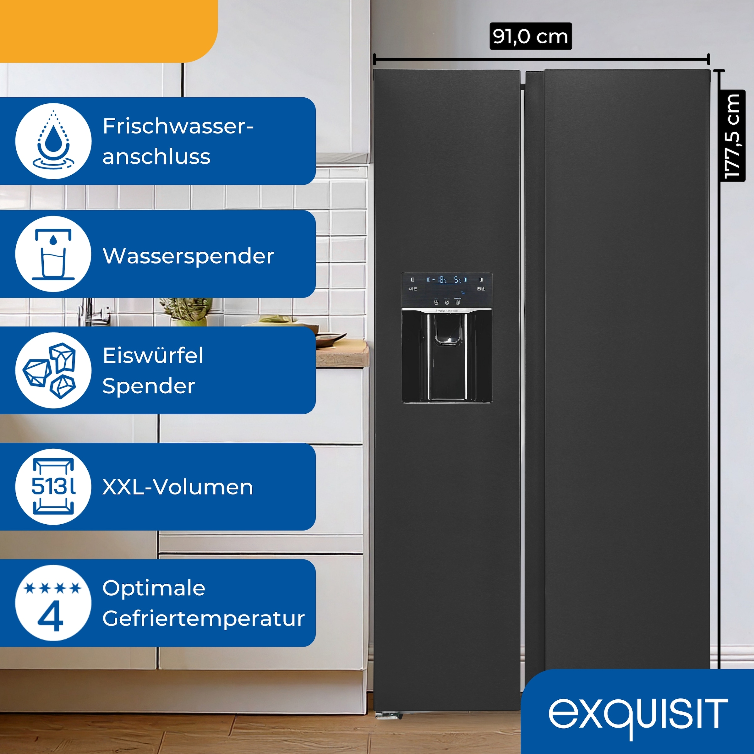 exquisit Side-by-Side SBS520-CF-040E inoxlook-az »SBS520-CF-040E inoxlook-az« 177 cm hoch 90 cm breit