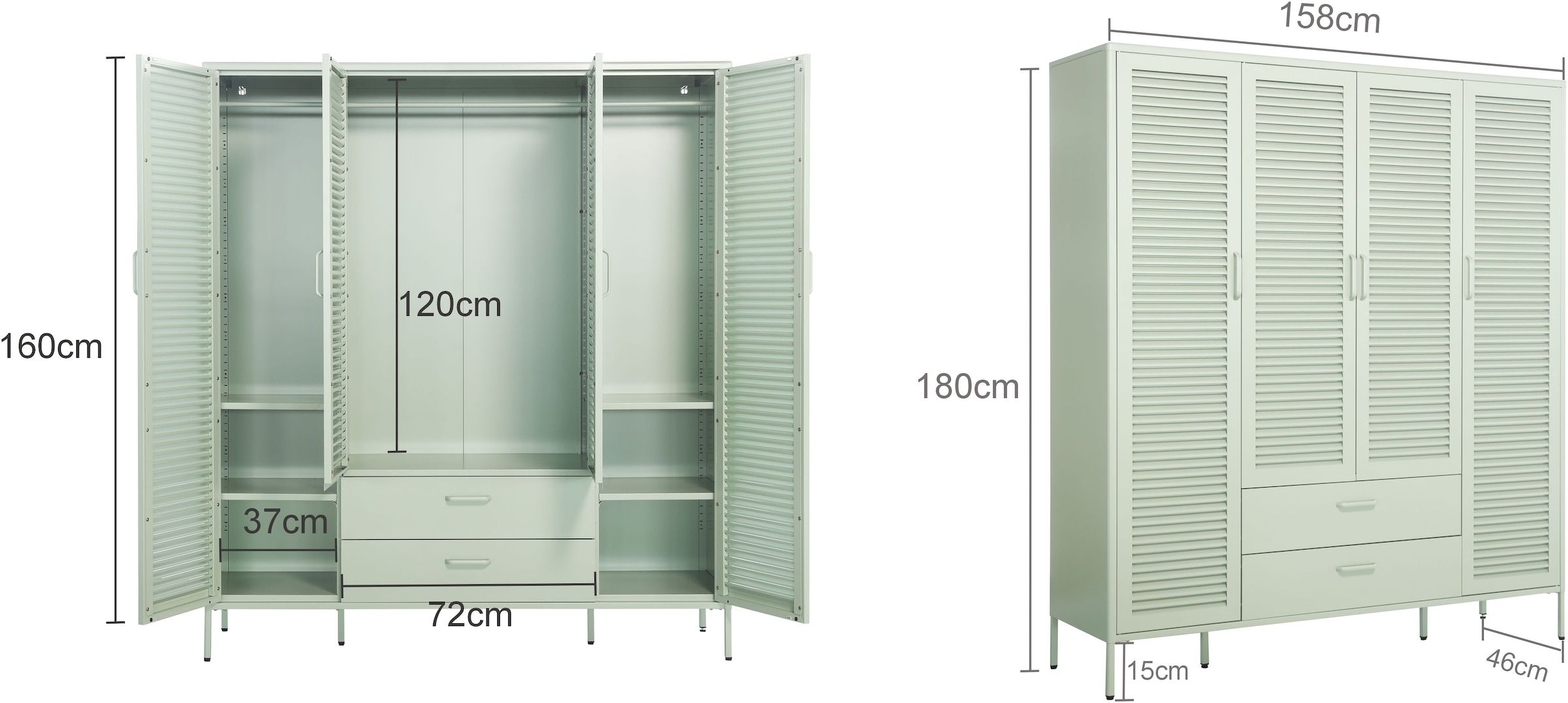 OTTO home Kleiderschrank »GERRON Kleiderschrank Metallschrank Spind« Schlafzimmerschrank, 4 Türen & Schubladen, grün salbei, Breite 158cm