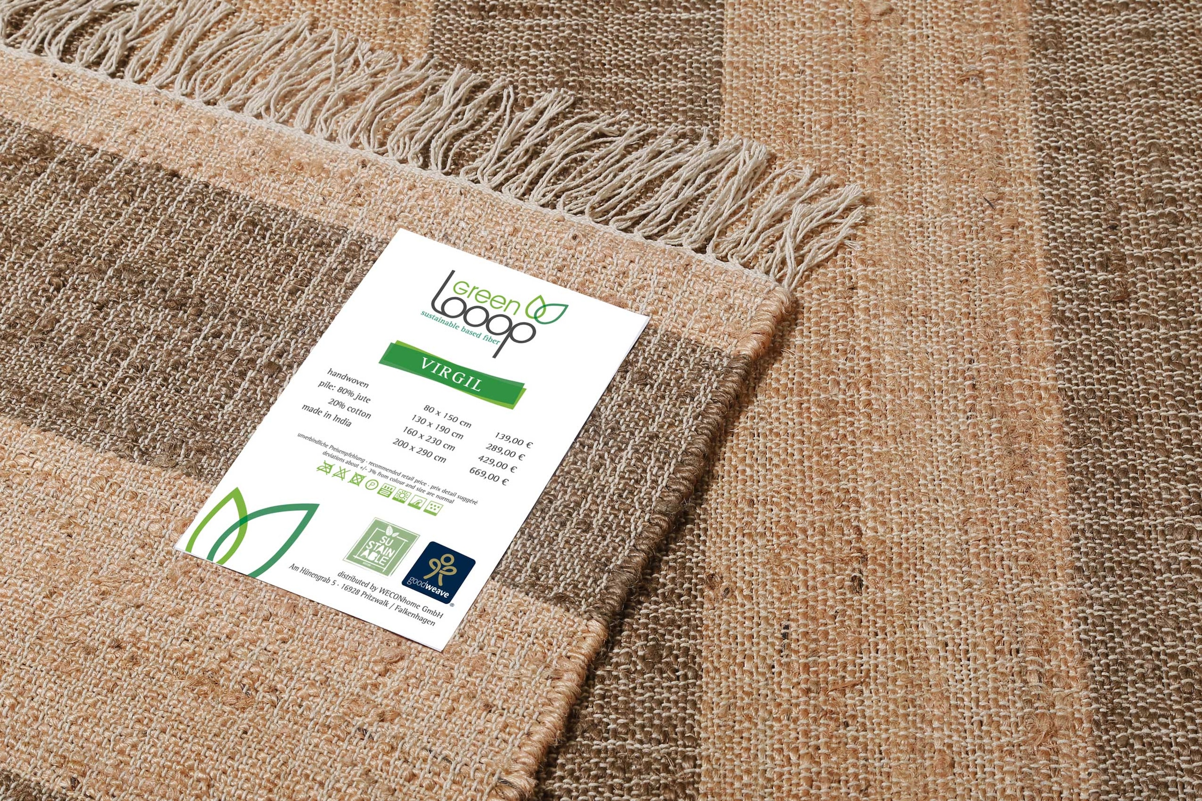 Green Looop Teppich »Virgil«, rechteckig, 4 mm Höhe, Naturfaser Teppich aus 80% Jute 20% Baumwolle, mit Fransen, Wohnzimmer