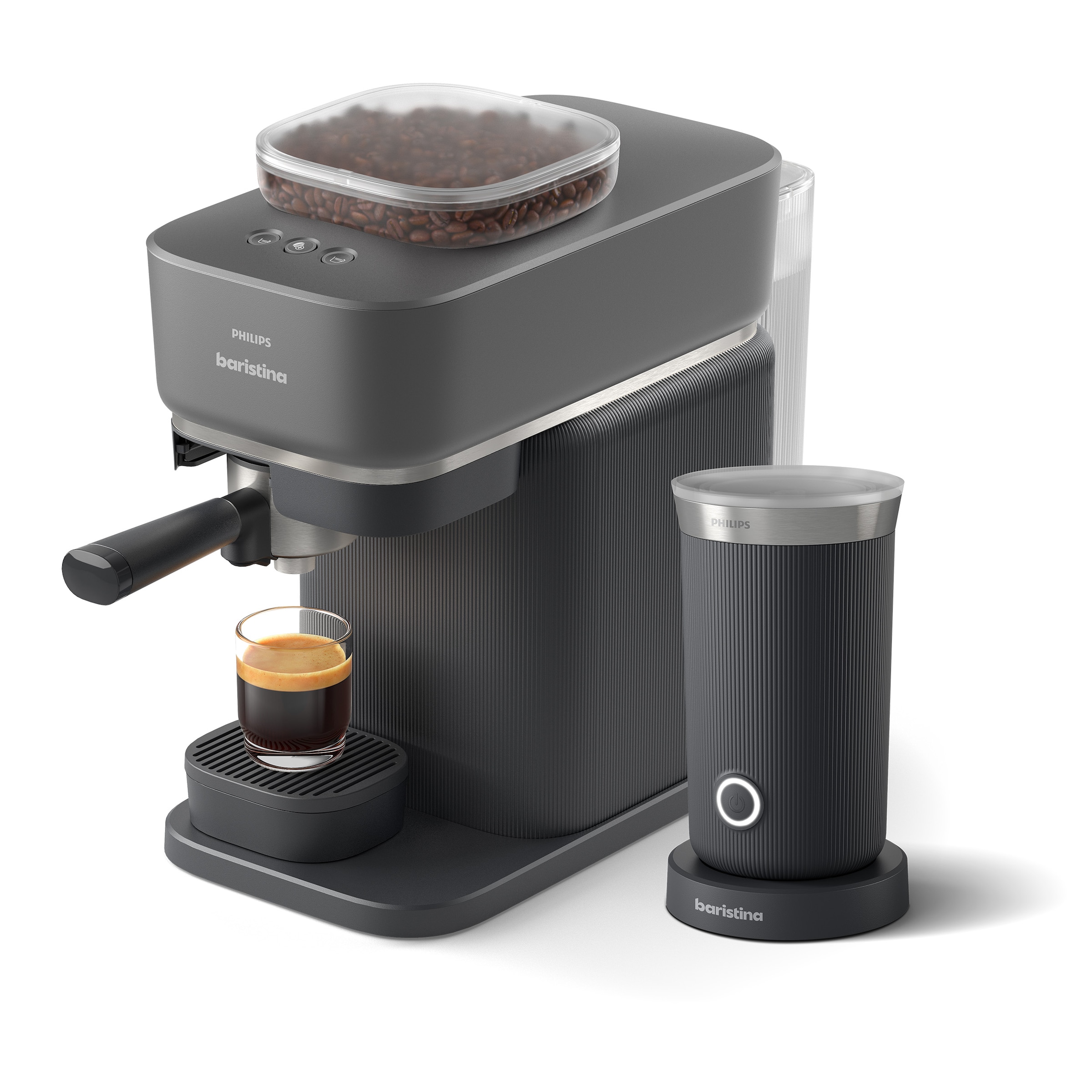 PHILIPS baristina Espressomaschine »BAR303/60 mit Mahlwerk für ganze Bohnen, Milchaufschäumer inkl.«, 16 bar Pumpendruck, Schwarzgrau