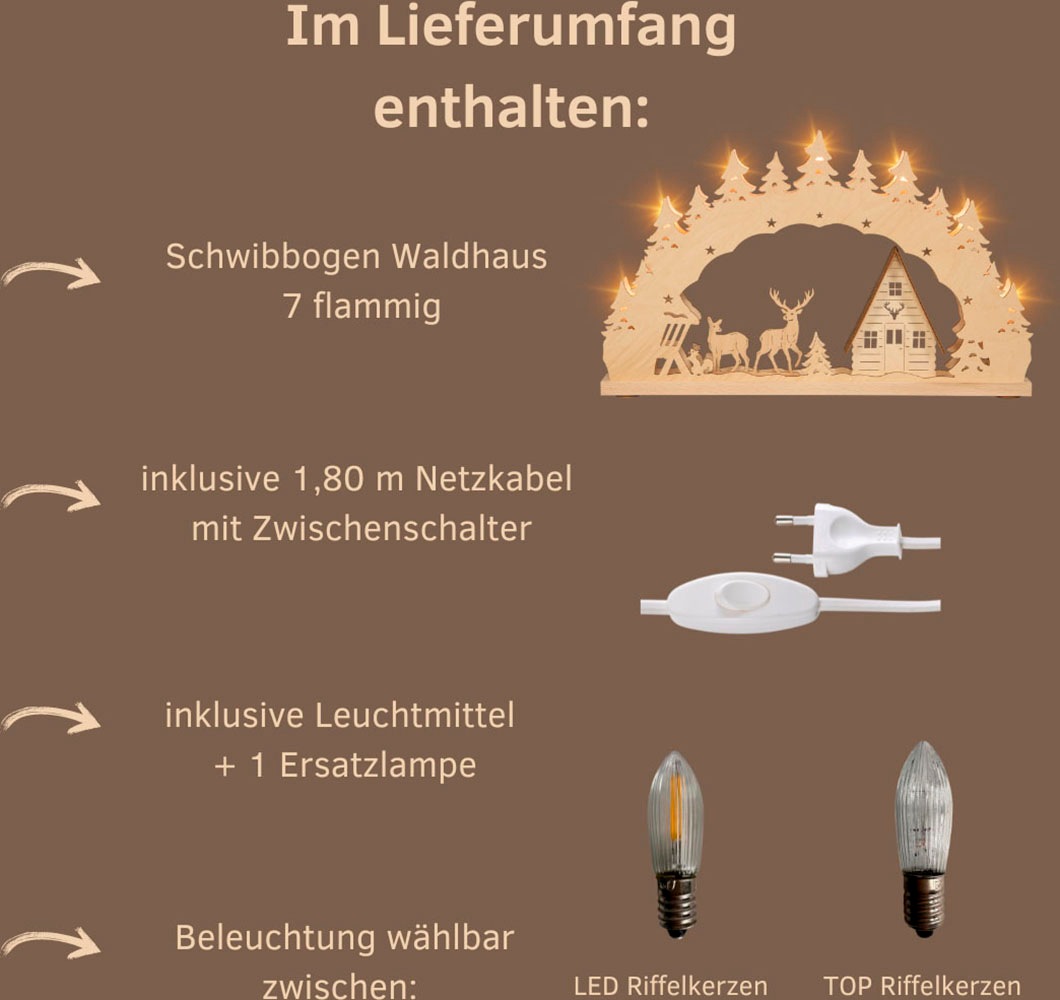 Weigla Schwibbogen »Waldhaus, Lichterbogen aus Holz, NATUR-BRAUN«, Erzgebirge garantiert, Weihnachtsdeko Innen, Weihnachtsbeleuchtung