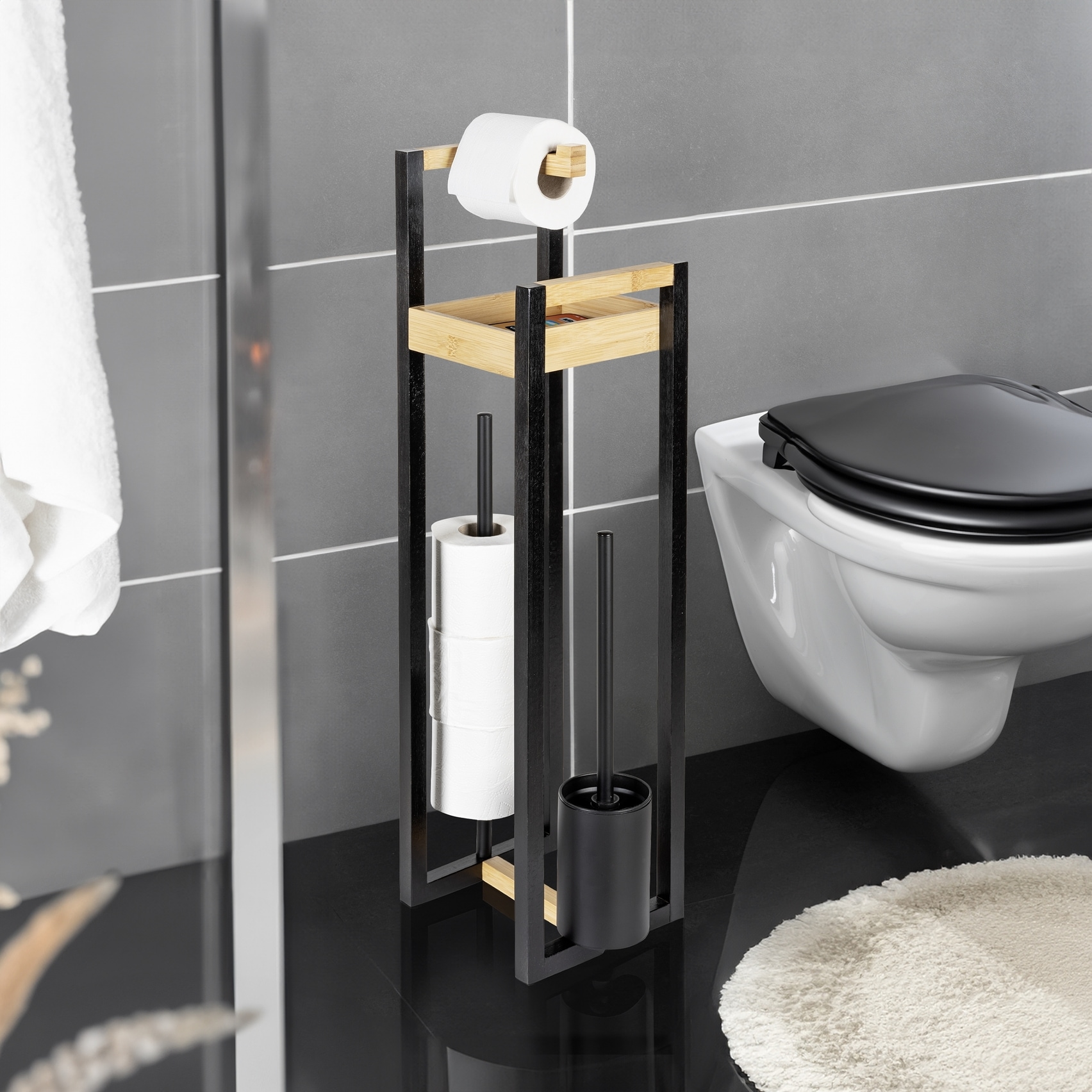 WENKO WC-Garnitur »Braidi« aus Bambus 4in1, Toilettenbürste, Rollen-/Ersatzrollenhalter, Ablage, freistehend