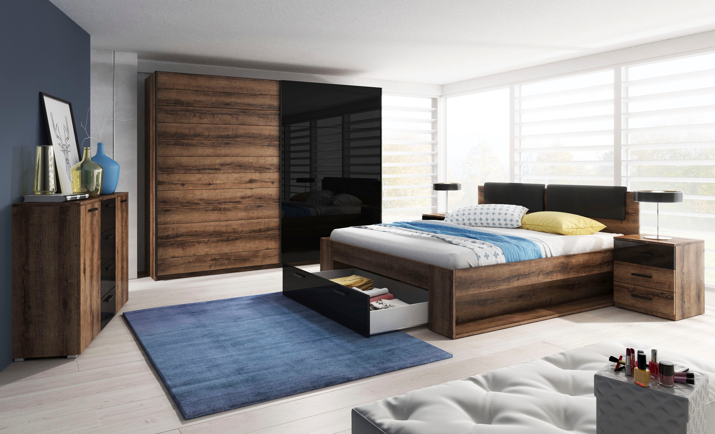 Home affaire Schwebetürenschrank »Galaxy Kleiderschrank, Wäscheschrank 200, 220 oder 270cm breit«, INKLUSIVE kompletter Innenausstattung, Metallgriffe und Glasfront
