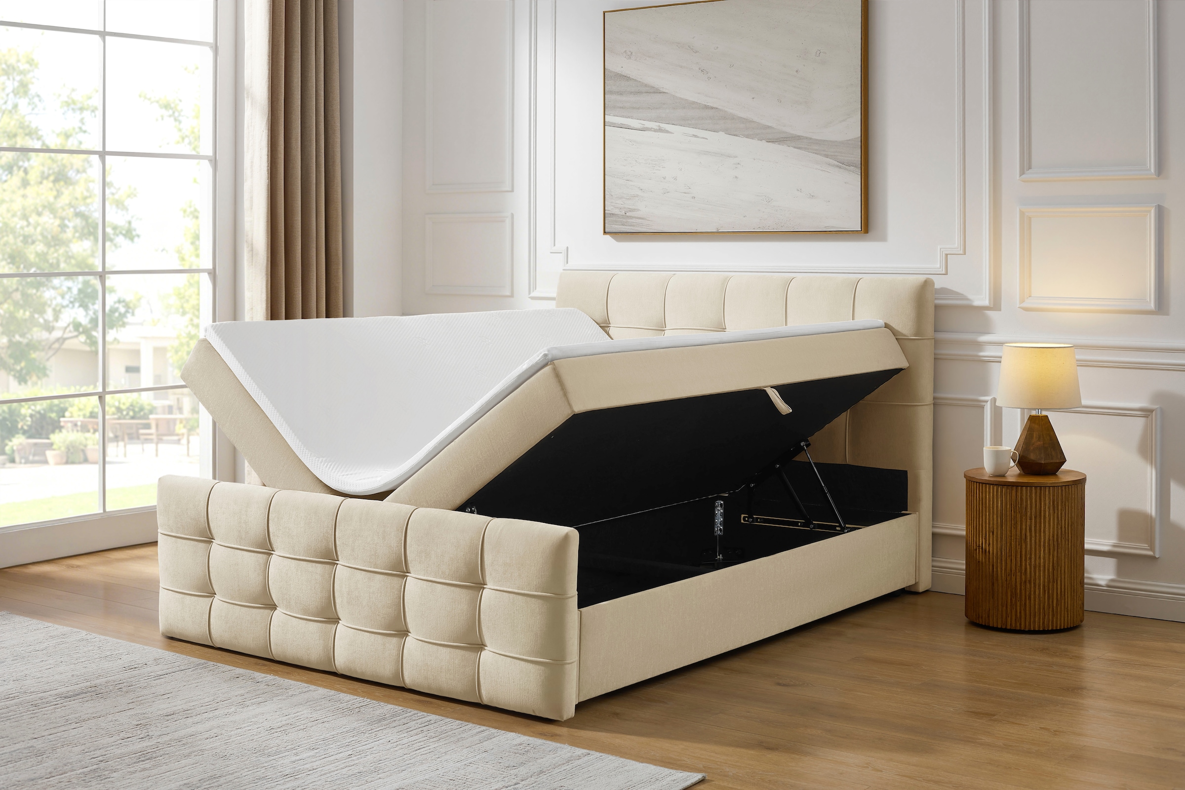 OTTO home Boxbett »LILIENNE, Polsterbett mit Bettkasten und Taschenfederkernmatratze H3« mit Kaltschaumtopper, Chenille-Bezug, 160x200 & 180x200 cm