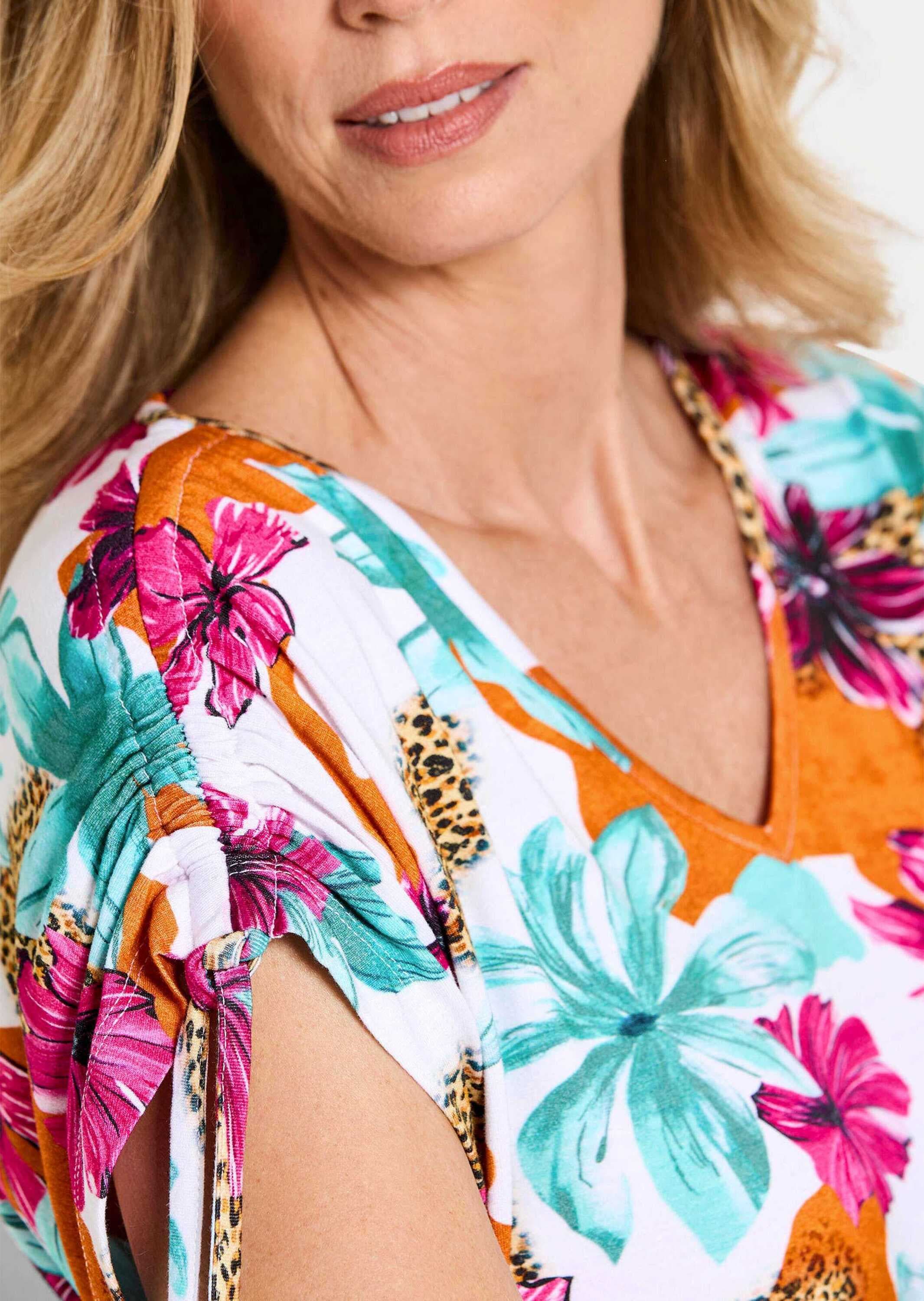 GOLDNER Print-Shirt »Kurzgröße Blusenshirt mit floralem Print« Kordelzug an der Schulter