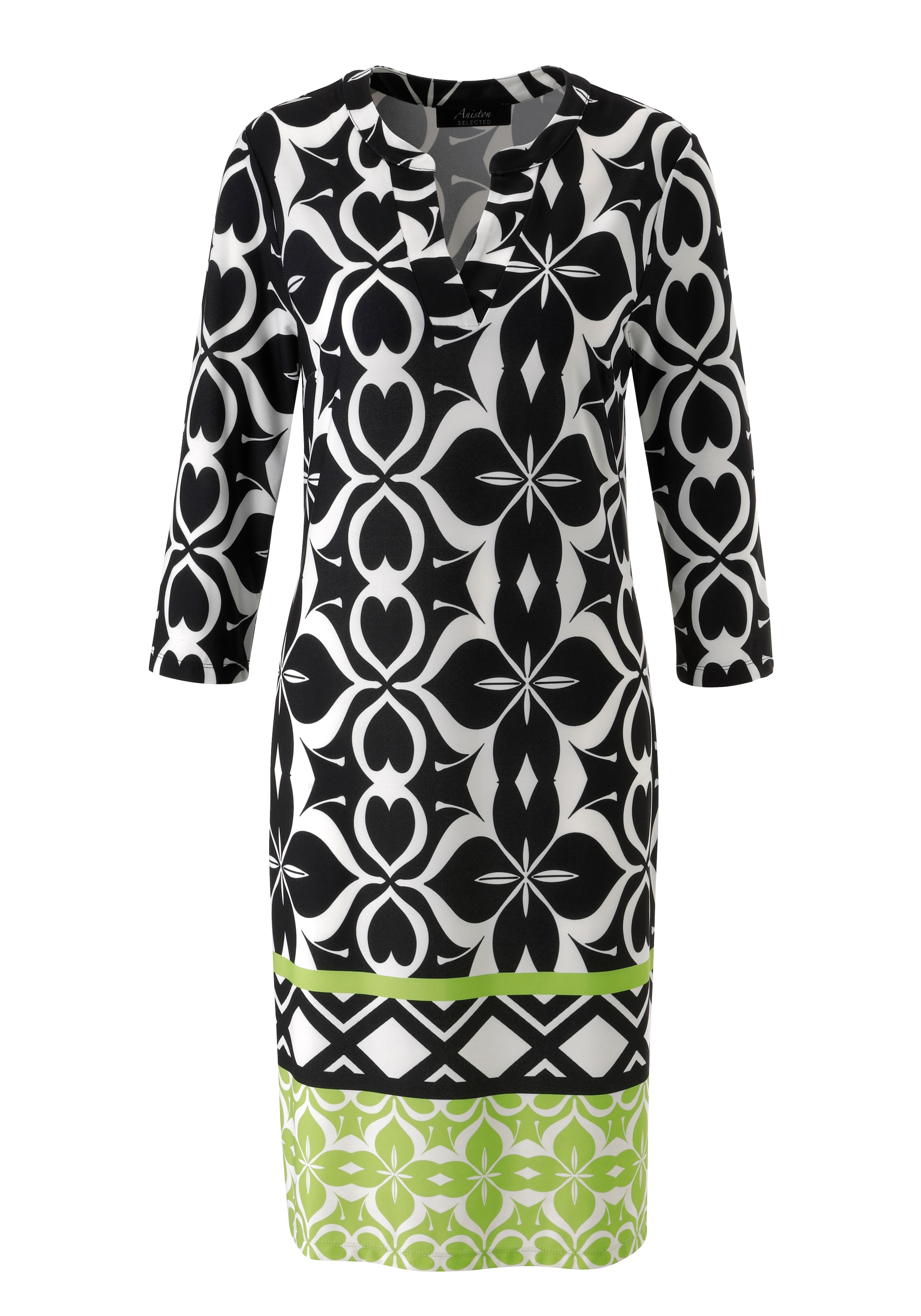 Aniston SELECTED Jerseykleid mit gemusterter Bordüre und grünem Kontrast am Saum - NEUE KOLLEKTION