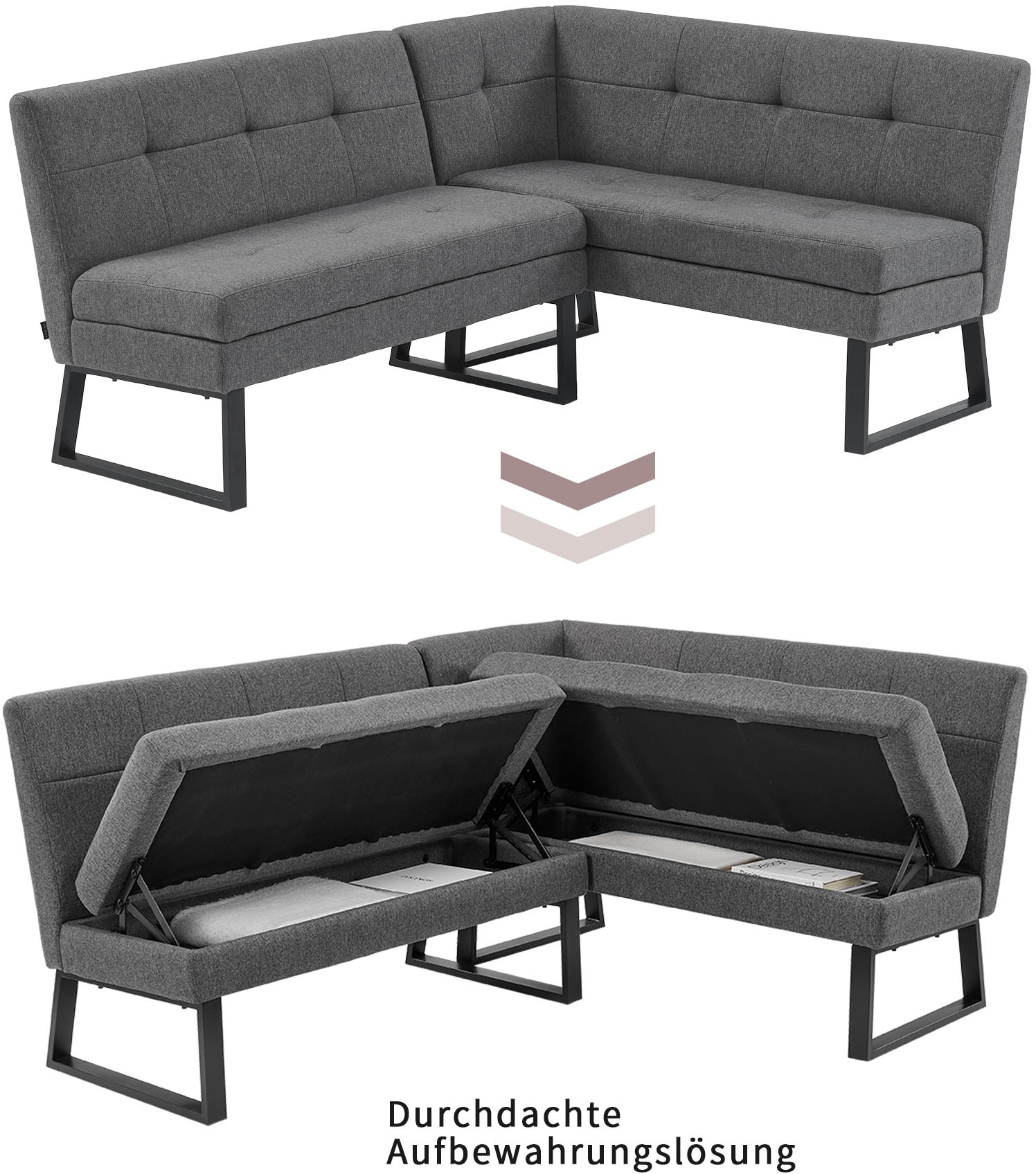 Home affaire Eckbank »Geranie, Sitzbank, Essbank, pflegeleichter Strukturstoff« Eckbank inkl. Stauraum, Pulverbeschichtetes Metallgestell