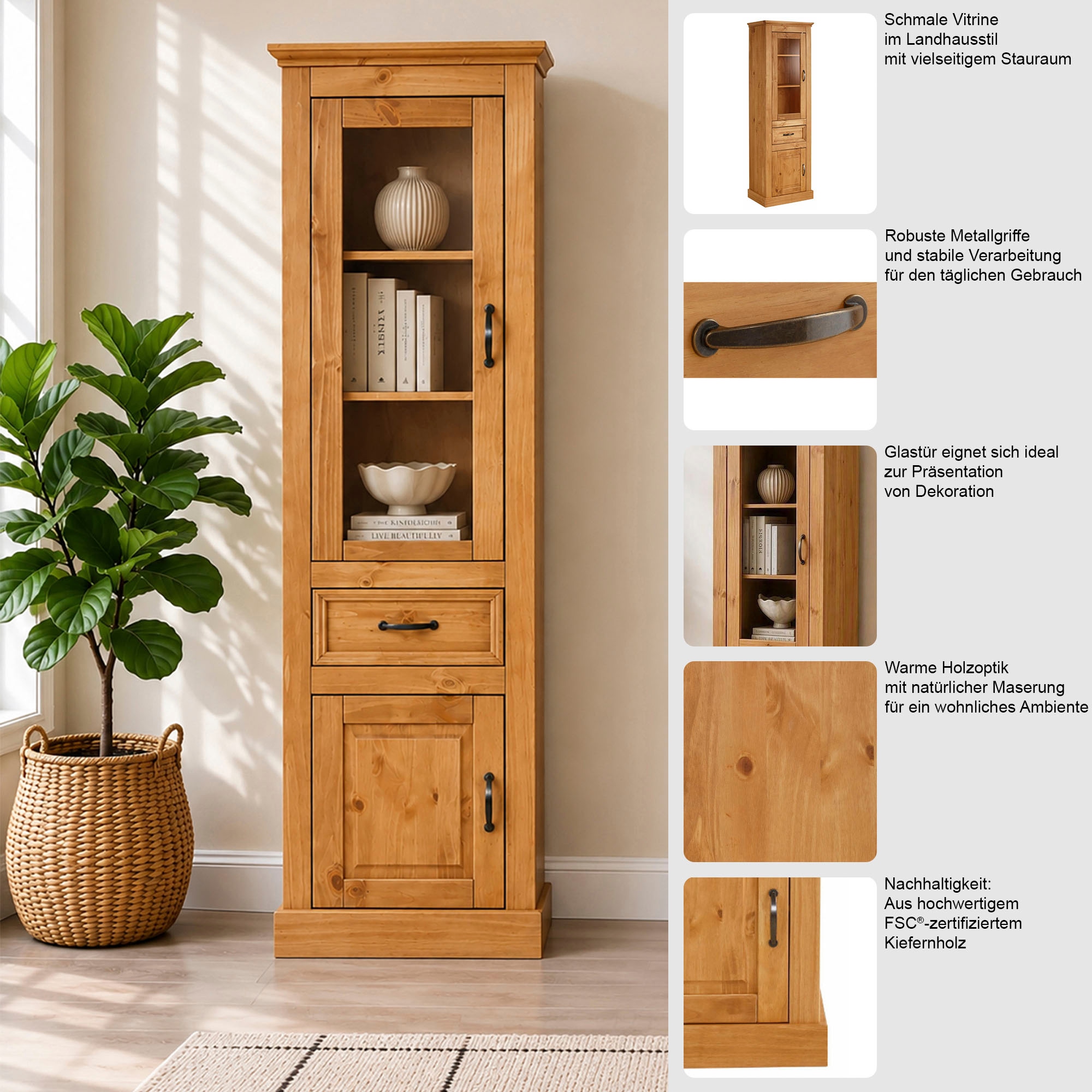OTTO home Vitrine »Selma Hochschrank, 2 Türen, eine davon mit Glaseinsatz und 1 Schublade« Höhe 180 cm