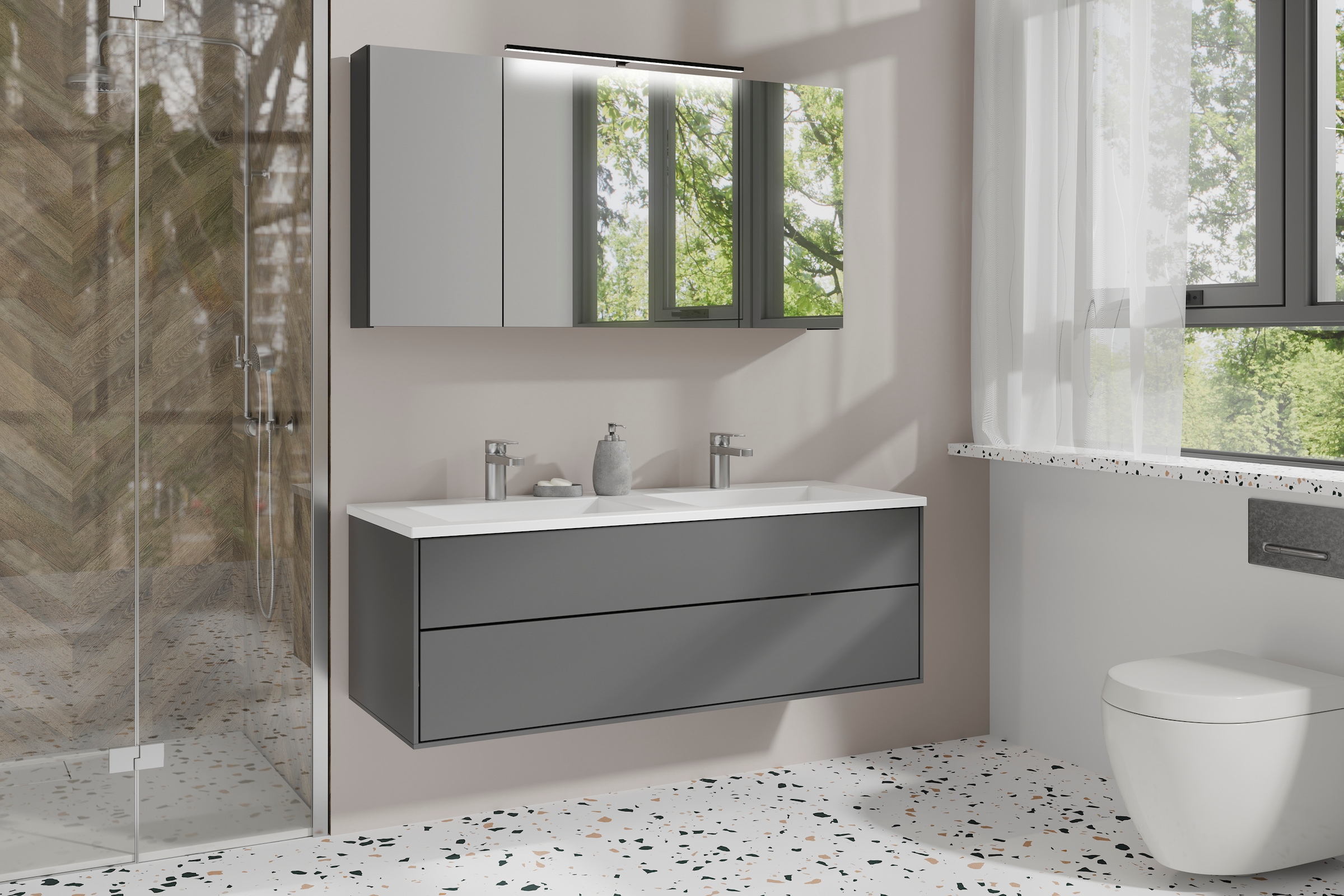 byLIVING Spiegelschrank »Serie Spree, in vielen Breiten erhältlich« Soft-Close, LED Beleuchtung mit Schalter- und Steckdosenbox