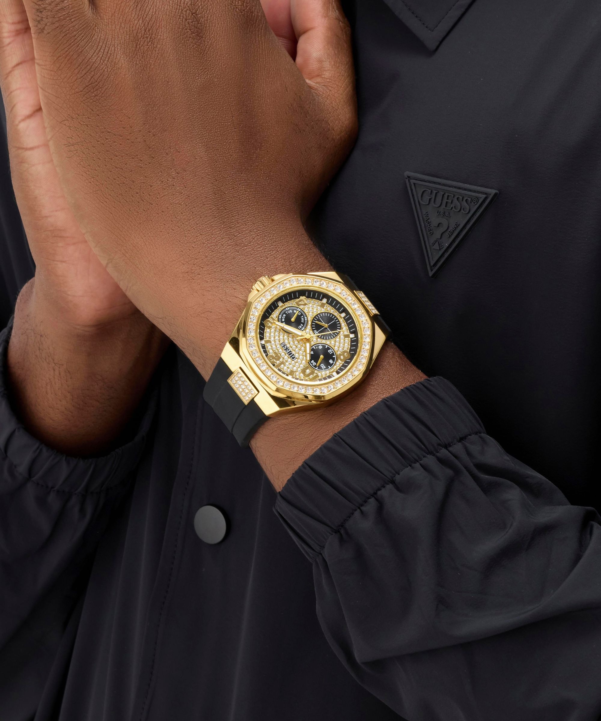 Guess Quarzuhr »EMPIRE« Armbanduhr, Herrenuhr, Silikonarmband, analog, Wochentag, Tag