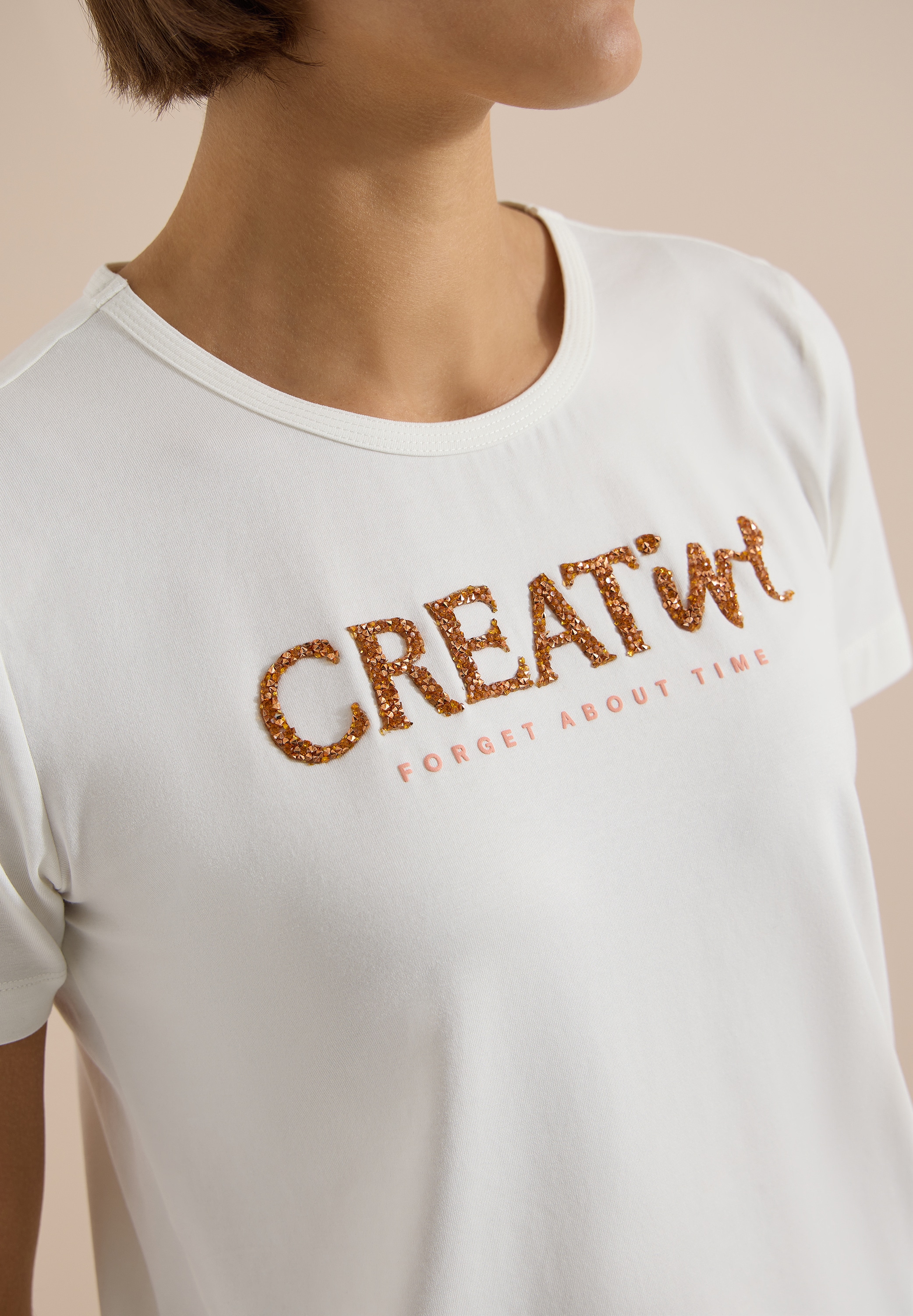 Cecil Print-Shirt Sommershirt mit Rundhals und Glitzer-Wording