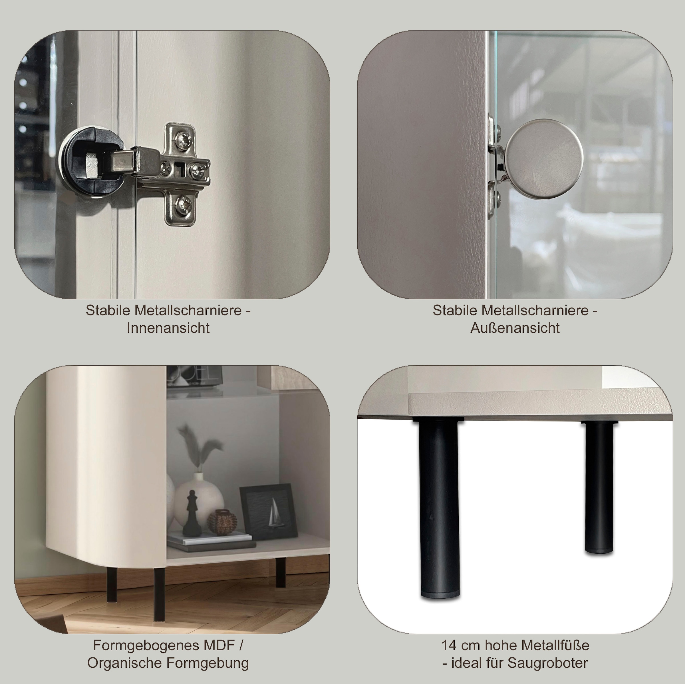 INOSIGN Vitrine »Lido, Standvitrine 200 cm hoch, 1 Tür, Glasvitrine, Vitrinenschrank« Gebogenes MDF, Stirnseiten mit Rundung, Metallfüße, dekorativ & edel