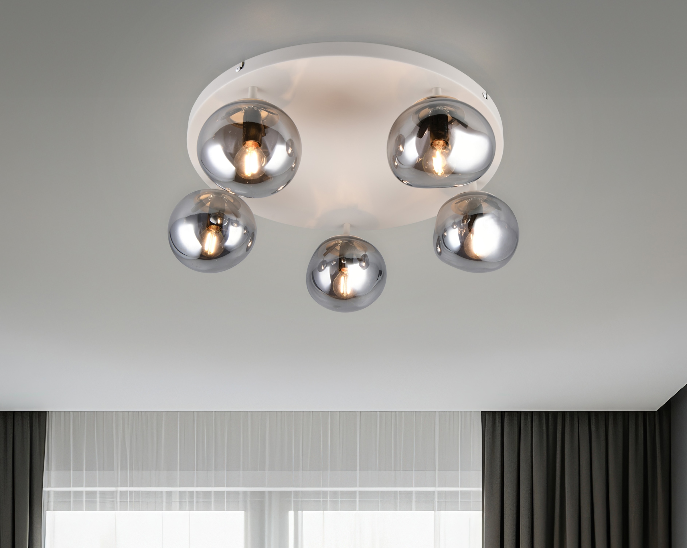 s.Oliver Deckenleuchte »ANJELLA, Deckenlampe exkl 5x E14 max 10W, in warm grey + smoke Glas,«, 5 flammig, Leuchtmittel E14 | Leuchtmittel wechselbar, mit mundgeblasenen Glas Lampenschirmen in rauchgrau, Ø gesamt 59cm