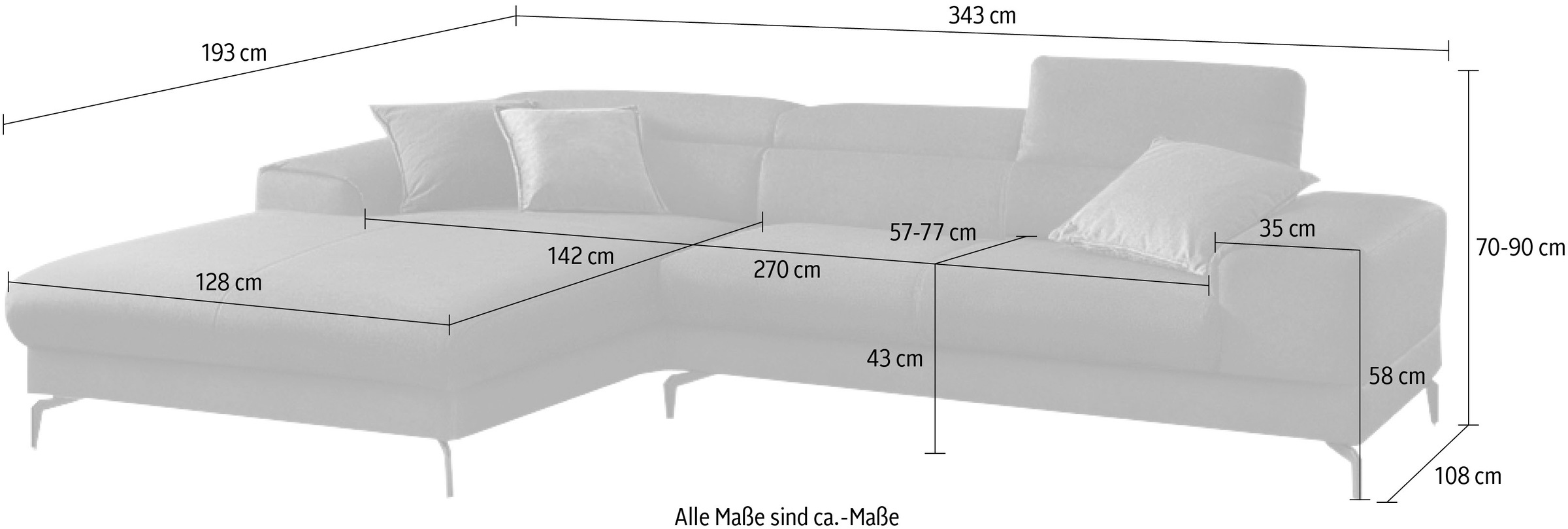 W.SCHILLIG Ecksofa »piedroo, Designsofa mit tollem Sitzkomfort, bequem und elegant, L-Form«, Kopfteilverstellung, wahlweise mit Sitztiefenverstellung, Breite 343cm