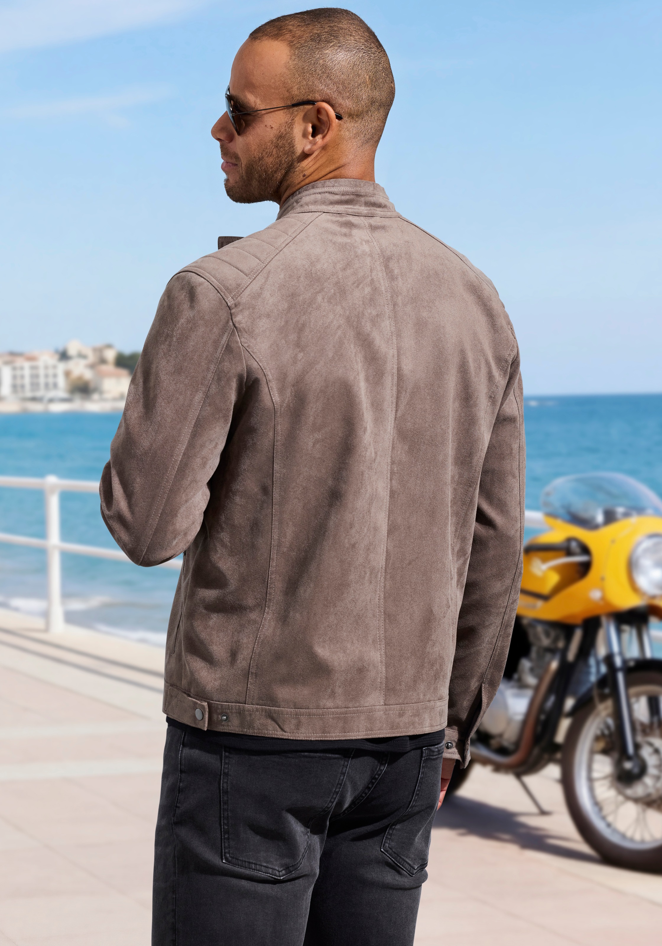 John Devin Bikerjacke », Überjangjacke in Veloursleder-Optik« Schultern mit typischer Absteppung