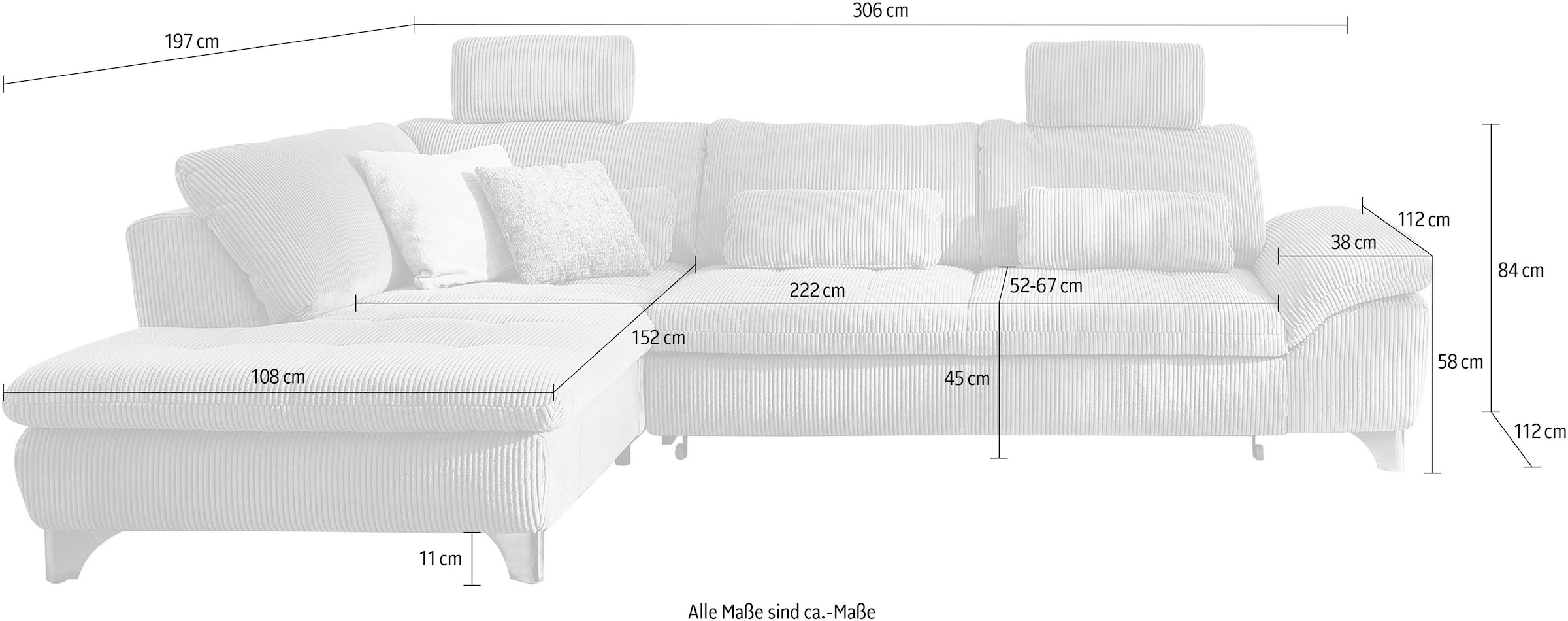 Die PlanBar Ecksofa »MP-IN14007 L-Form«, wahlweise mit Bettfunktion und verstellbaren Kopfstützen, in Cord