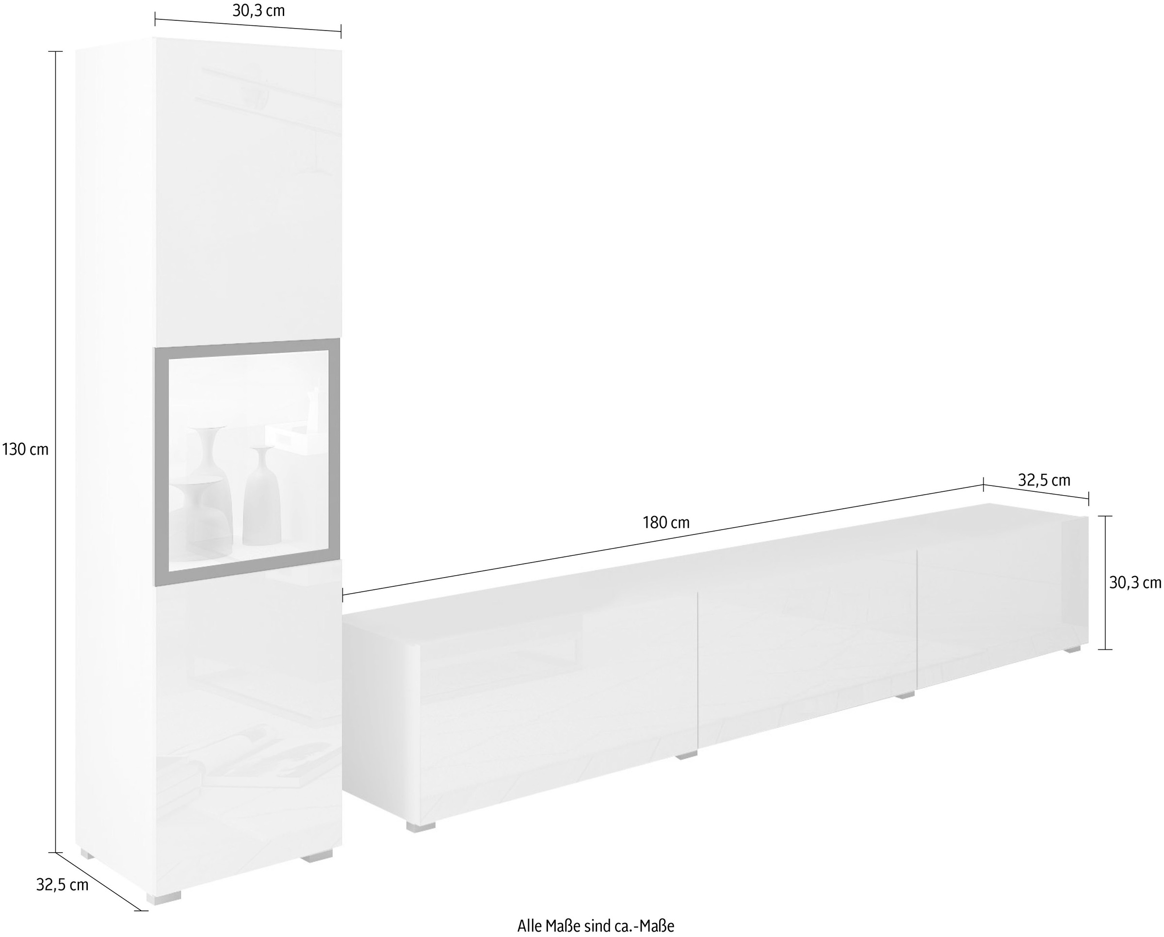 INOSIGN Wohnwand »BERLIN I, Vitrine Türschlag links/rechts wechselbar«, (Komplett-Set, 2 St.), moderne grifflose Mediawand Breite 220 cm, Vitrine mit Verglasung