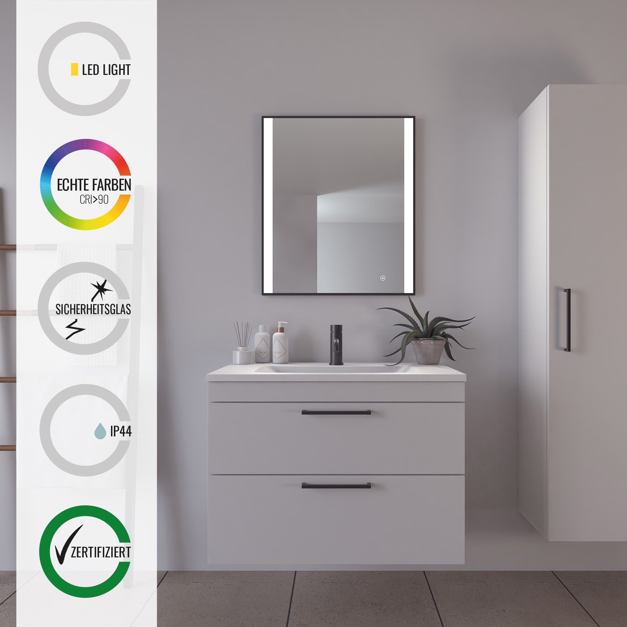 Loevschall Badspiegel »Libra Quadratisch, Badzimmerspiegel mit LED Beleuchtung« Touchpanel für Lichtsteuerung, Dimmbar Spiegel, Dänisches Design