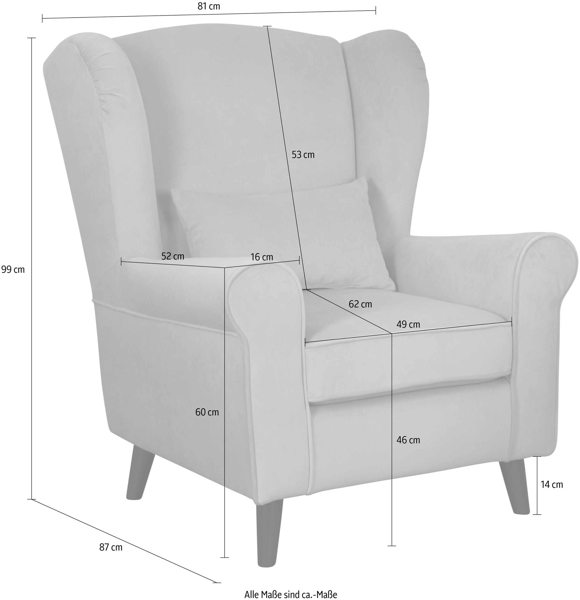 Home affaire Sessel »Ohrensessel CHISTELLE, wahlweise mit Polsterhocker«, mit Wellenunterfederung, Maße: B/T/H: 81/87/99 cm