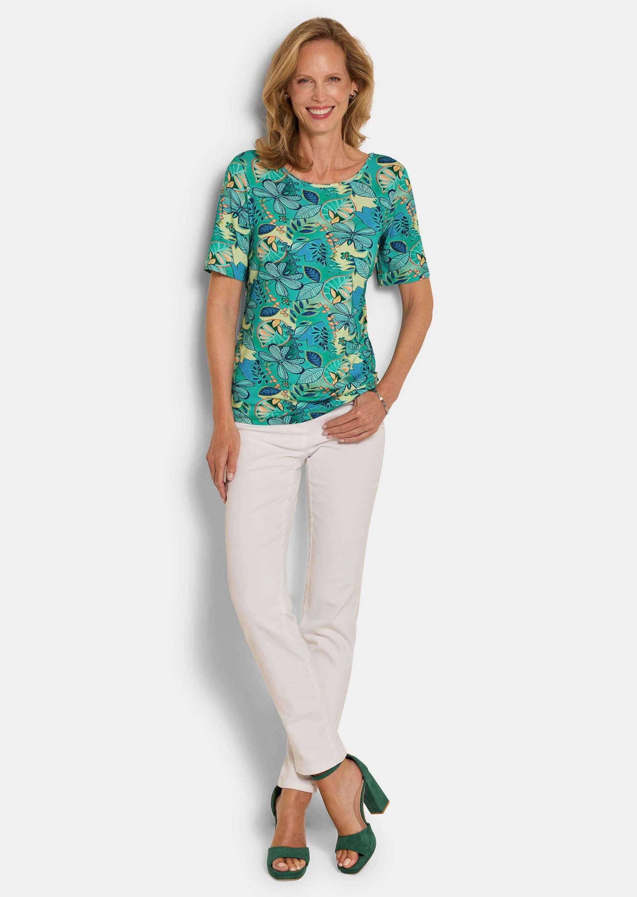 GOLDNER Kurzarmshirt »Kurzgröße Cityshirt mit floralem Print« stretchbequemer Viskosejersey