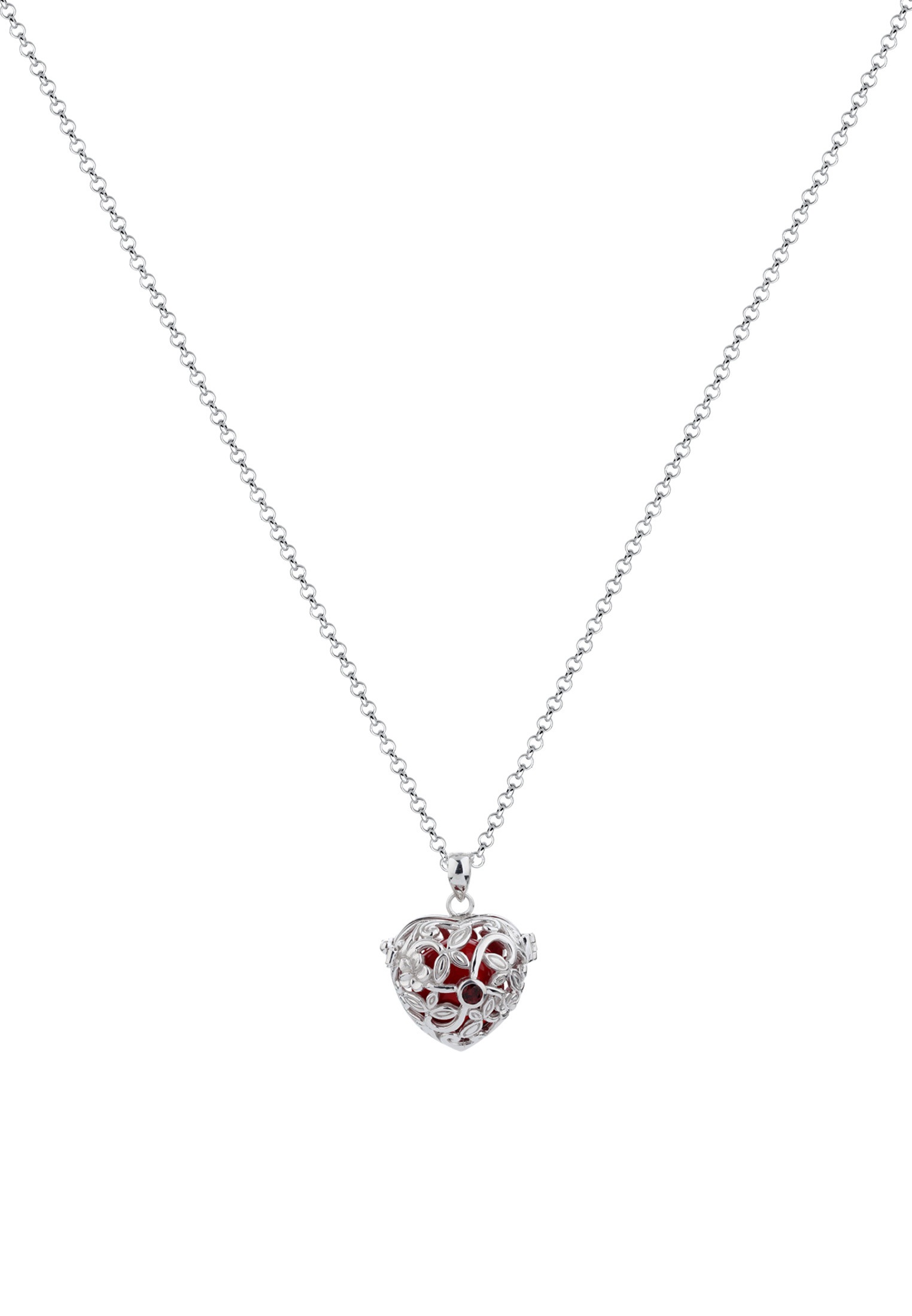 Nenalina Lange Kette »Halskette Herz Klangkugel Granat Ornament 925 Silber«