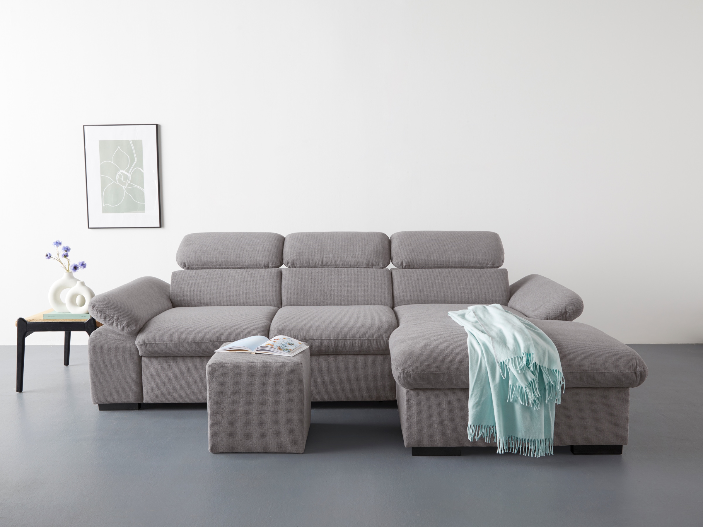COTTA Ecksofa »Lola L-Form mit Kopfteilfunktion & Hocker«, (Set, mit Hocker), wahlweise mit Bettfunktion, Bettkasten & Armteilverstellung