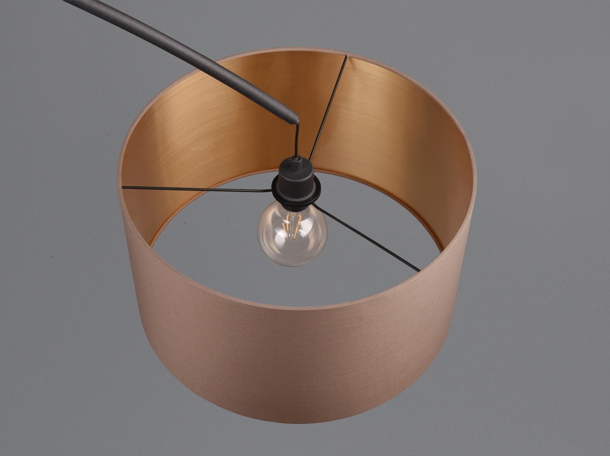 TRIO Leuchten Stehlampe »MANSUR, Bogenlampe mit Stoffschirm, exkl. 1x E27 max 60W, Fußschalter« E27 1 Stk. warmweiß - kaltweiß Bogenleuchte Wohnzimmer, Auslage 2m, Höhe 210cm, Schirm taupe/gold