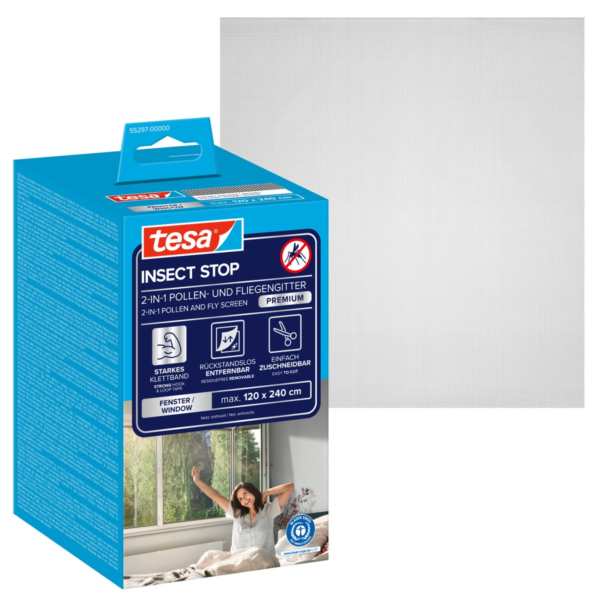 tesa Insektenschutz-Fensterrahmen »Pollenschutzgitter für Fenster - 1,2m x 2,4m« Packung, Fliegennetz, Klettband, 1 Stk. tlg. Pollenschutzgitter - ohne Bohren- zuschneidbar -anthrazit