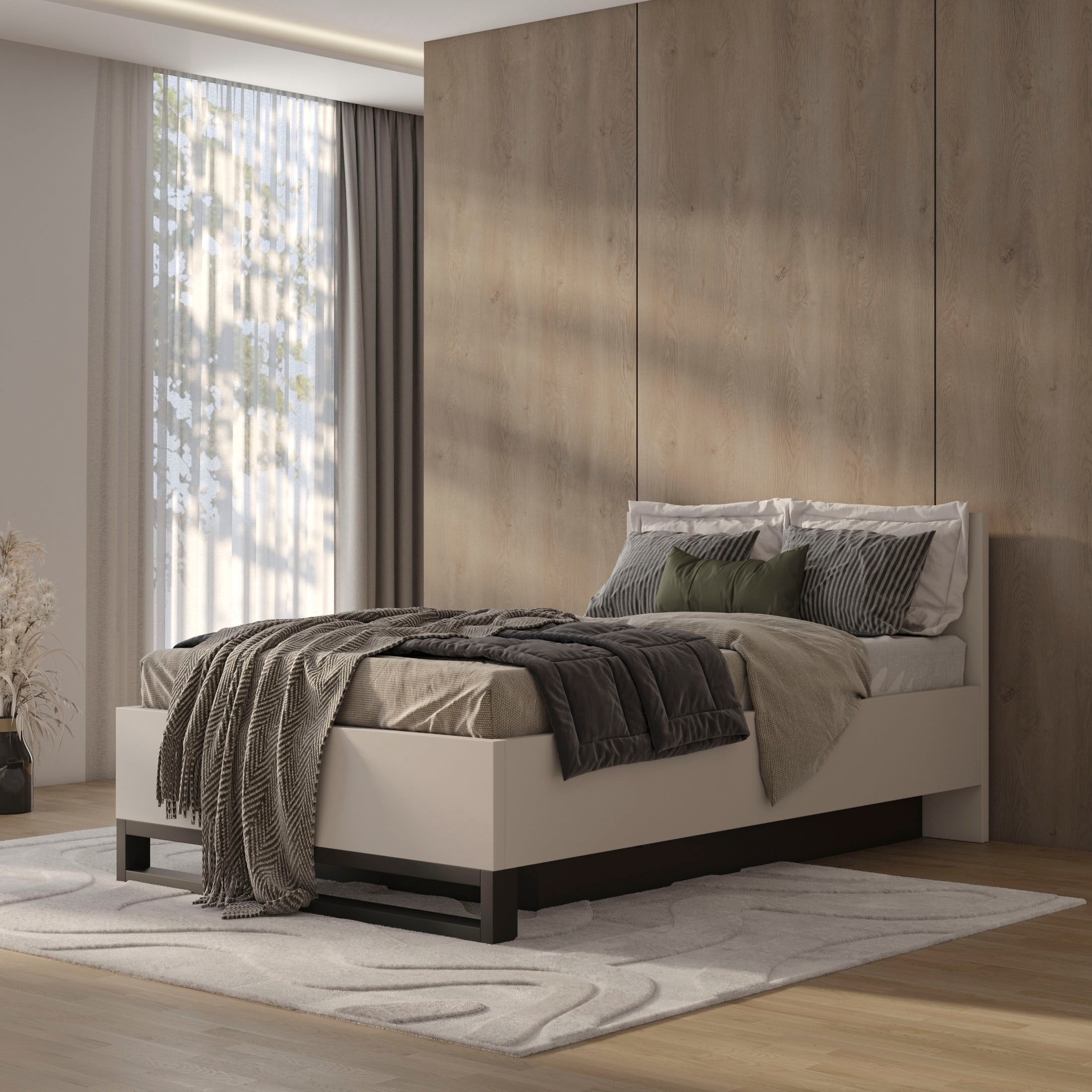 Home affaire Bettgestell »Bronne, Topeseller, Industrial Design« In den Breiten 140cm, 160cm und 180cm,  Stauraumbett in drei Breiten, stabil mit Kufen in Metalloptik
