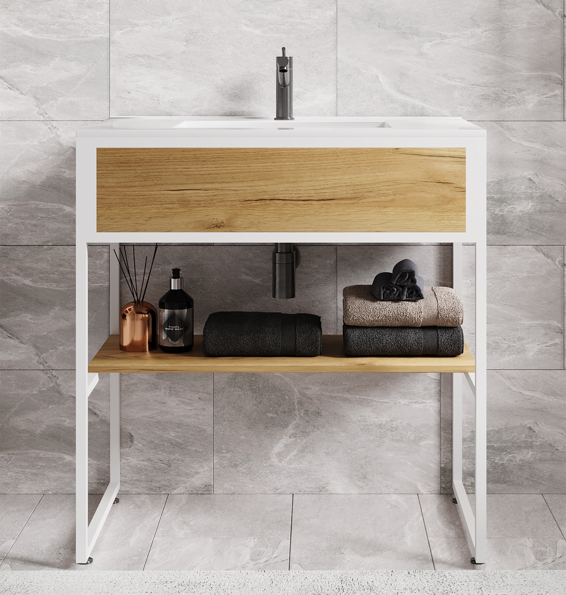 VCM Waschbeckenunterschrank »VCM 2-tlg. Waschplatz Waschtisch Badmöbel Set Waschbecken Holz Metall Industrial Style Bitila 80«, (2 St.)