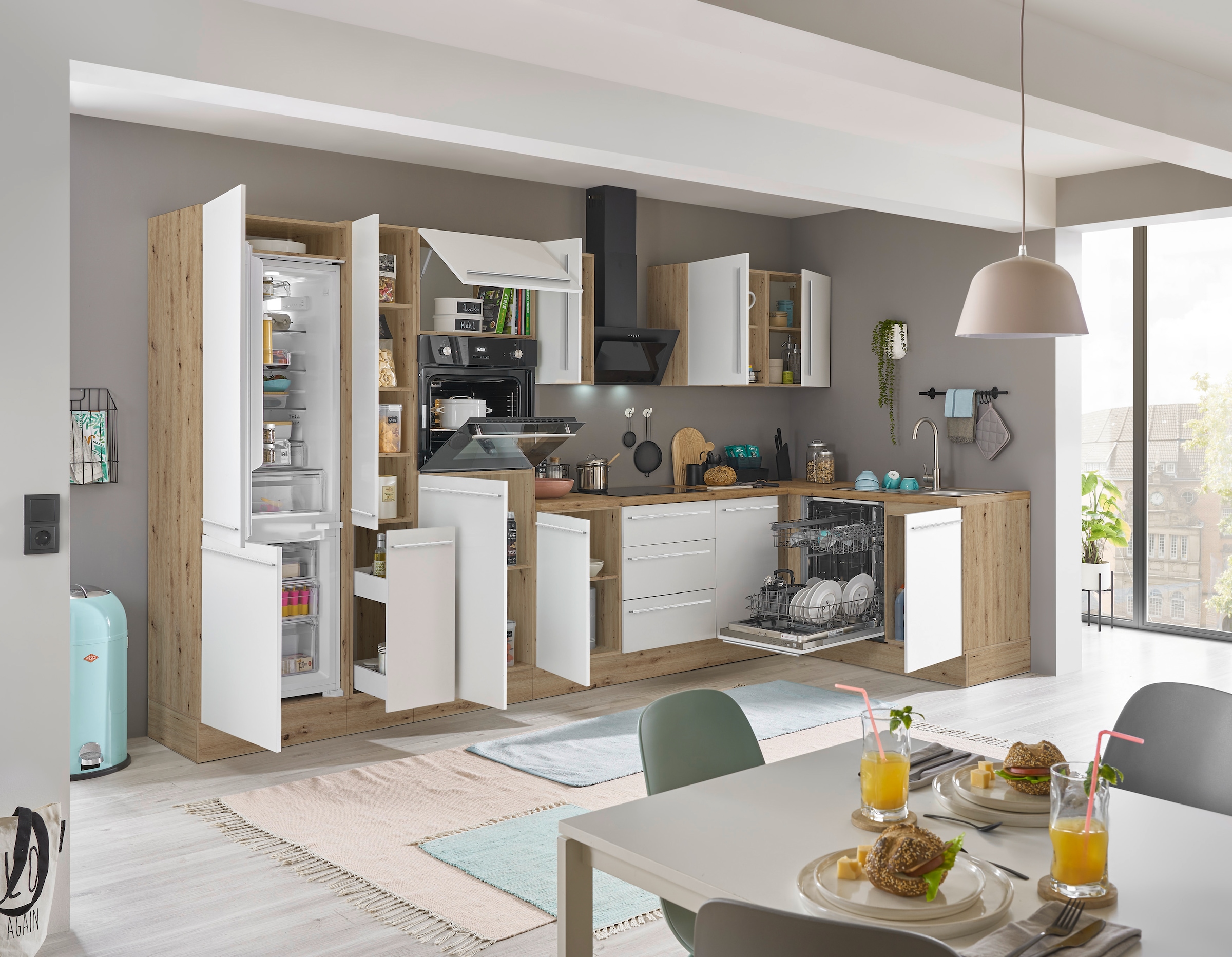 KOCHSTATION Winkelküche »Florida, Stellbreite 370x175 cm«, wahlweise mit E-Geräten, mit Softclose für Türen und Schubkästen
