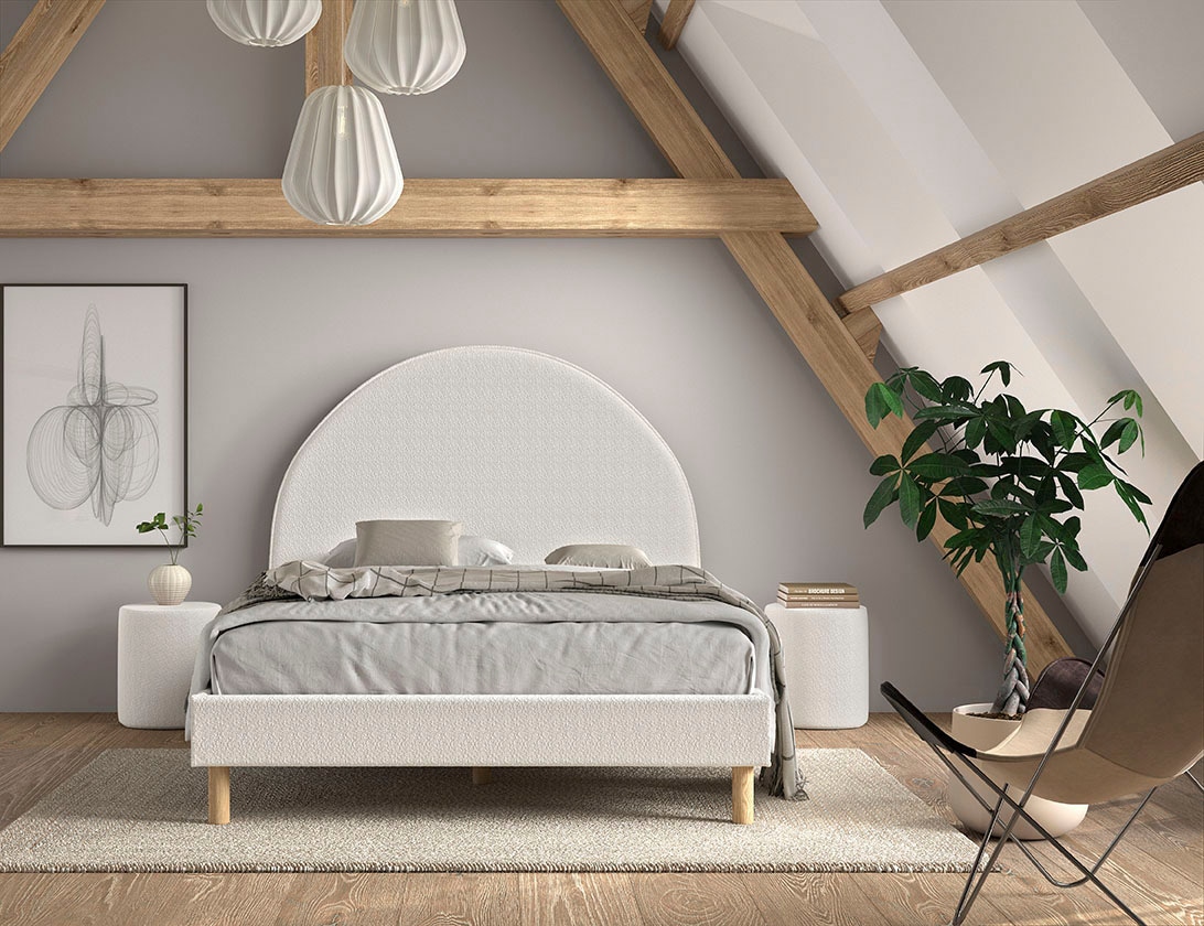 Vipack Schlafzimmer-Set »Moon, best. aus Polsterbett 140/200 und 2 Hocker/Nachttische«, (B/H/T ca. 147x132x212cm, bogenförmiges Kopfteil, Füße Massivholz), LF 140x200cm, inkl. Lattenrost, Bouclé Stoff bezogen, wahlw. 4 Farben