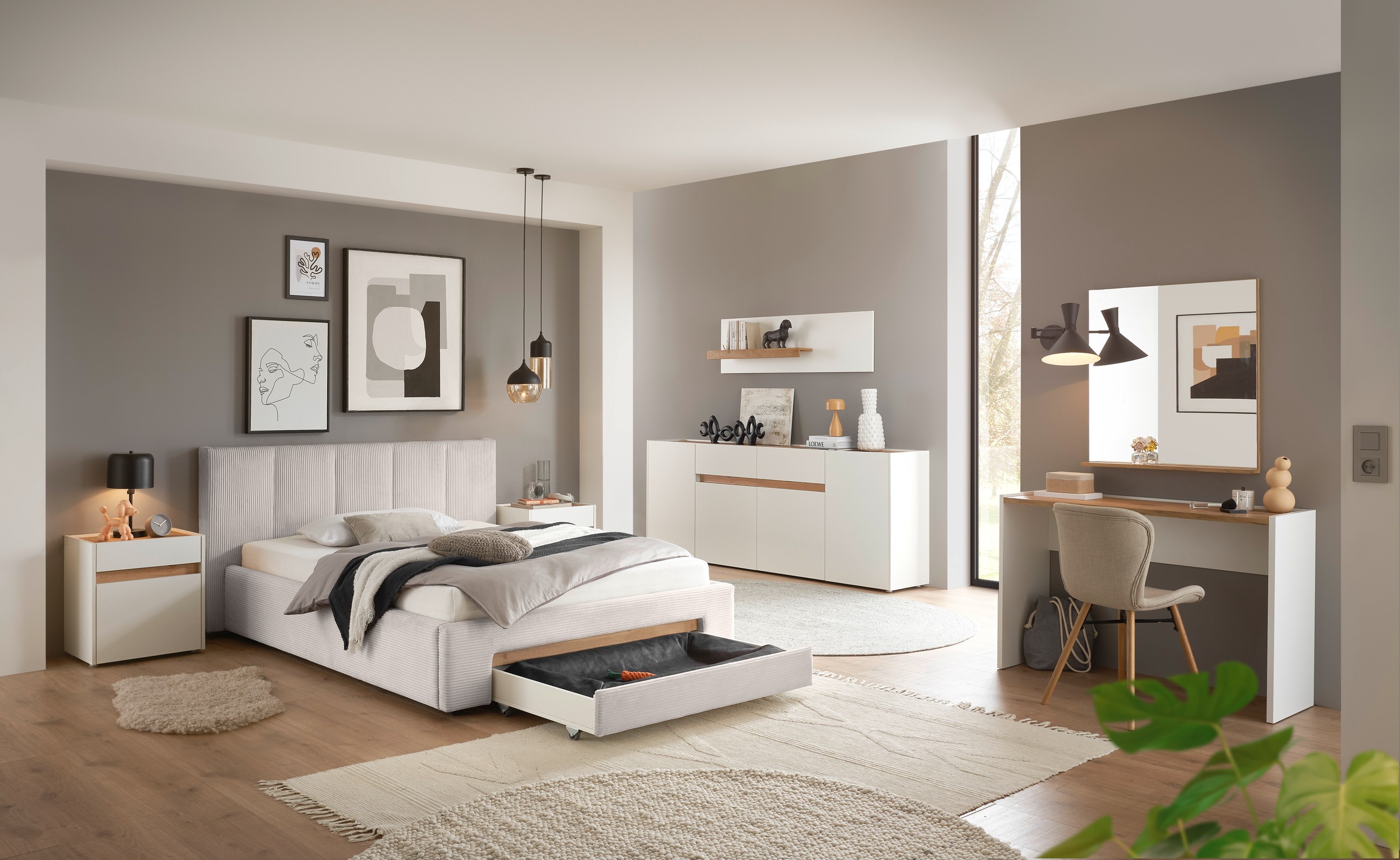 INOSIGN Polsterbett »CiTY/GiRON, Bettgestell mit Bettkasten, gepolstertes Stauraumbett« mit Hundebett oder Stauraumschublade, Bezug Cord-oder Leinenoptik