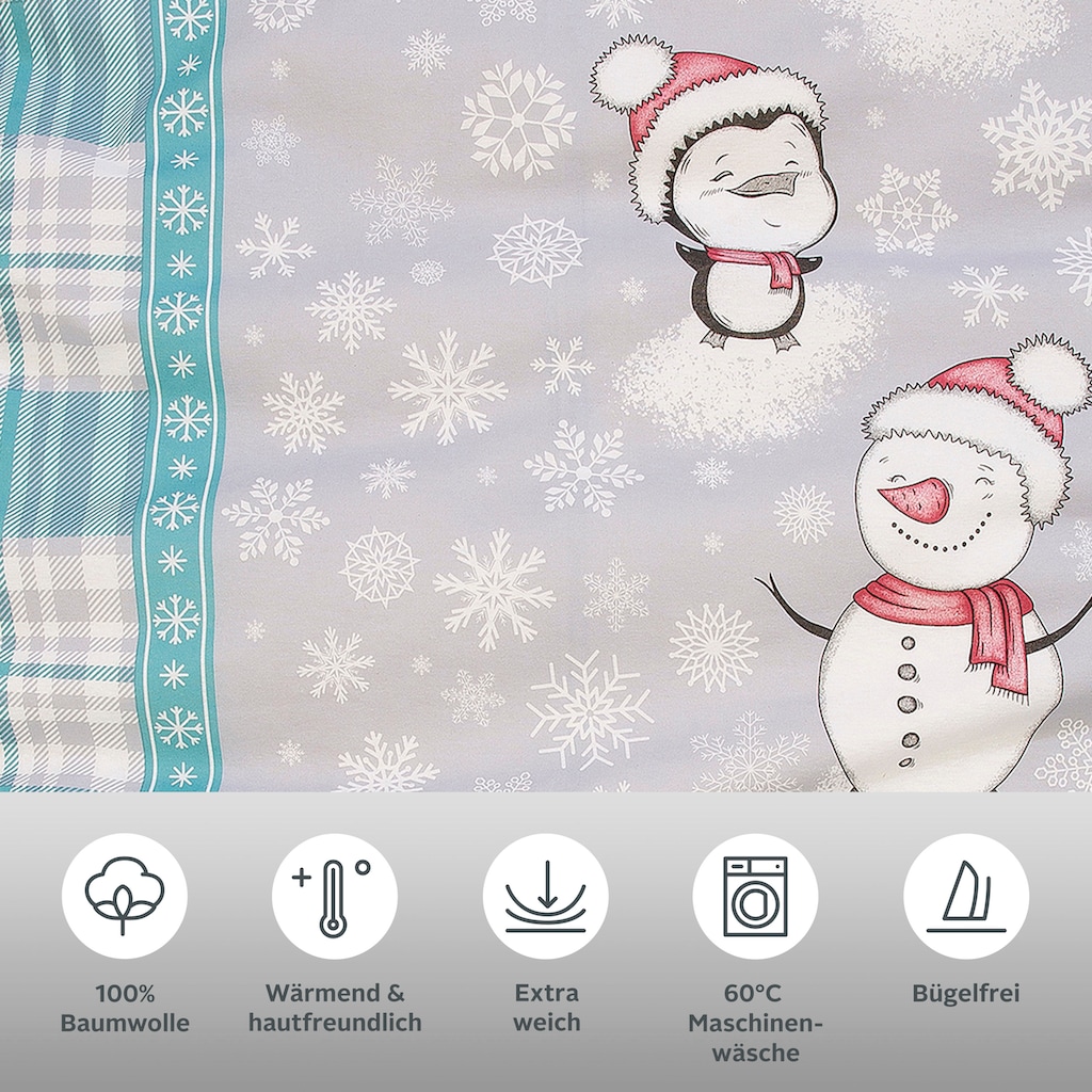 my home Bettwäsche »Snowman im winterlichen Design, aus 100% Baumwolle, Biber (Flannell) Qualität, Bett- und Kopfkissenbezug mit Reißverschluss, Bettwäsche Set unterstützt die Initiative Cotton made in Africa, Made in Green zertifiziert«, (2 tlg.)