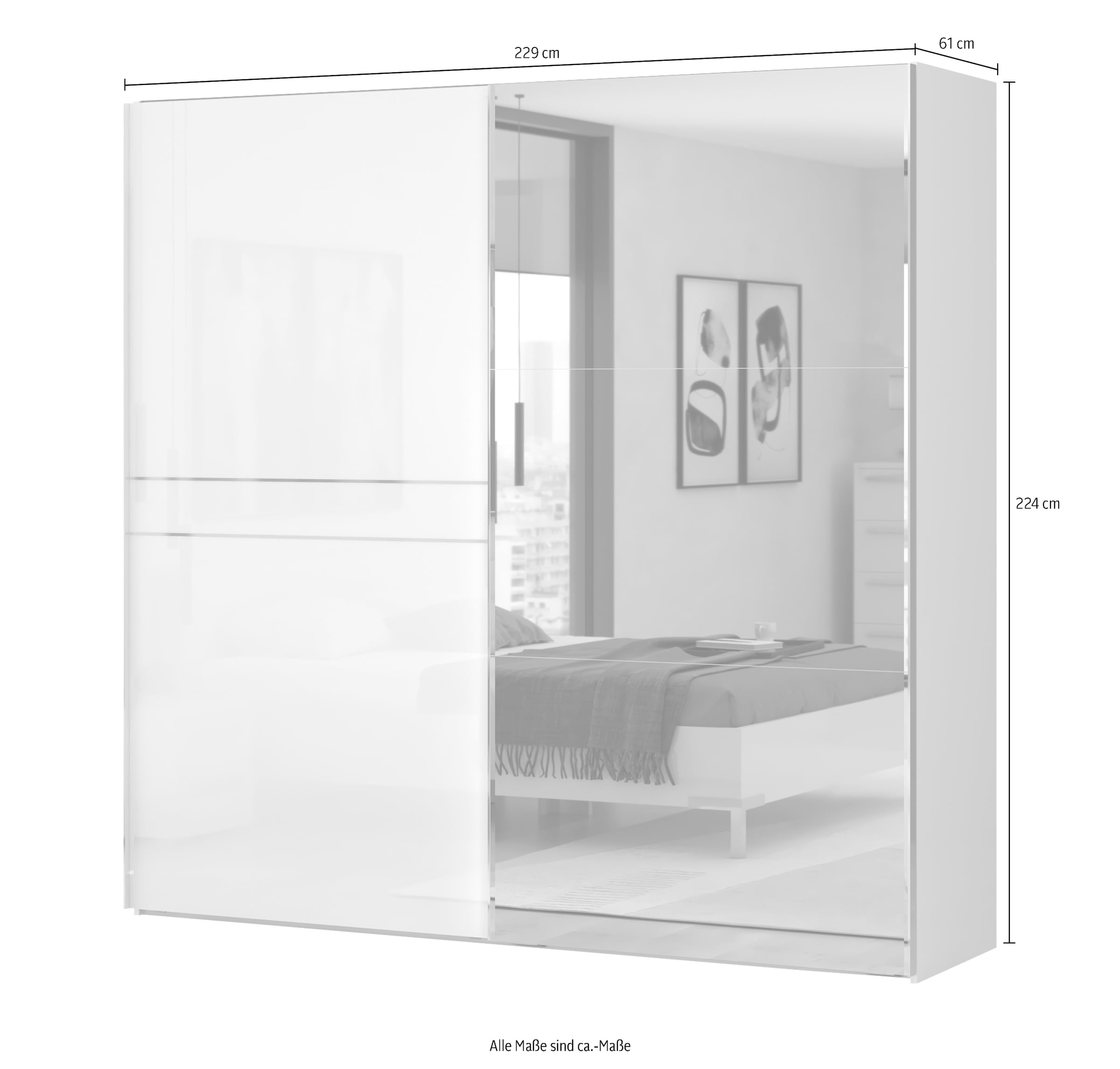 Places of Style Schwebetürenschrank »Piano, mit Einlegeböden, Kleiderstangen, Spiegel, Türen soft-close«, (in 3 Breiten, 224cm hoch, mit verchromten Aufleistungen), mit Spiegeltür, FSC-zertifizierter Holzwerkstoff