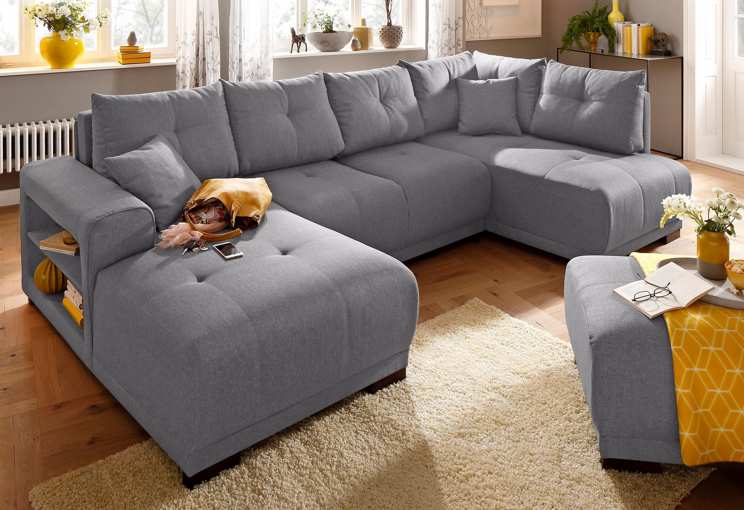 Home affaire Wohnlandschaft »Viborg U-Form« mit Regal in der Armlehne, wahlweise mit Bettfunktion