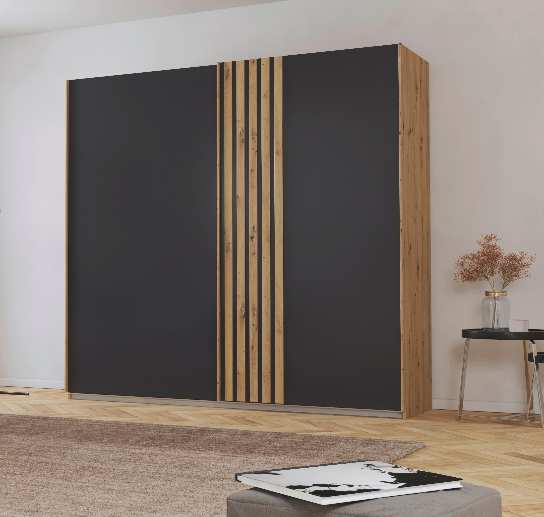 rauch Schwebetürenschrank »Kleiderschrank Schrank Garderobe MOSBACH«, moderne Lamellen-Auflage in 3D Akustikpaneel Optik MADE IN GERMANY