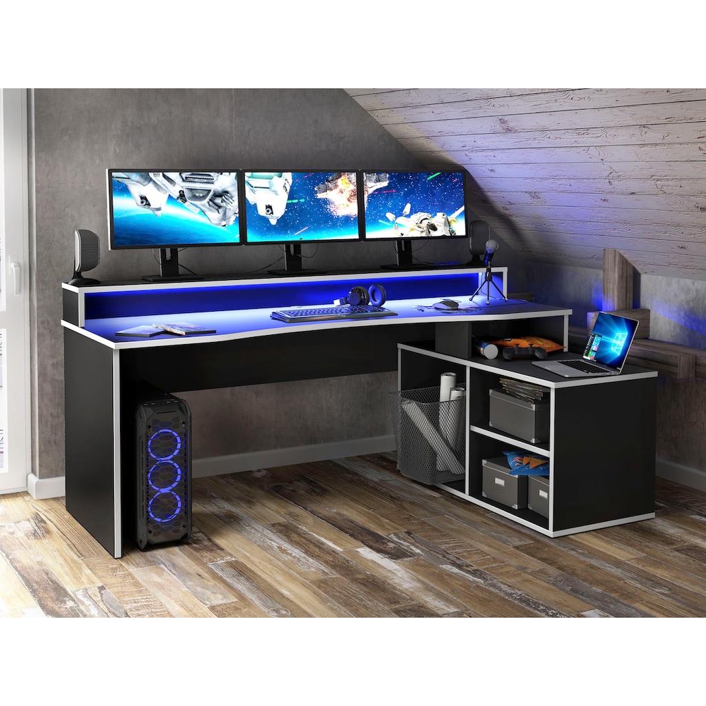 FORTE Gamingtisch »Tezaur«, mit RGB-Beleuchtung und Halterungen, Breite 200 cm, Ecktisch
