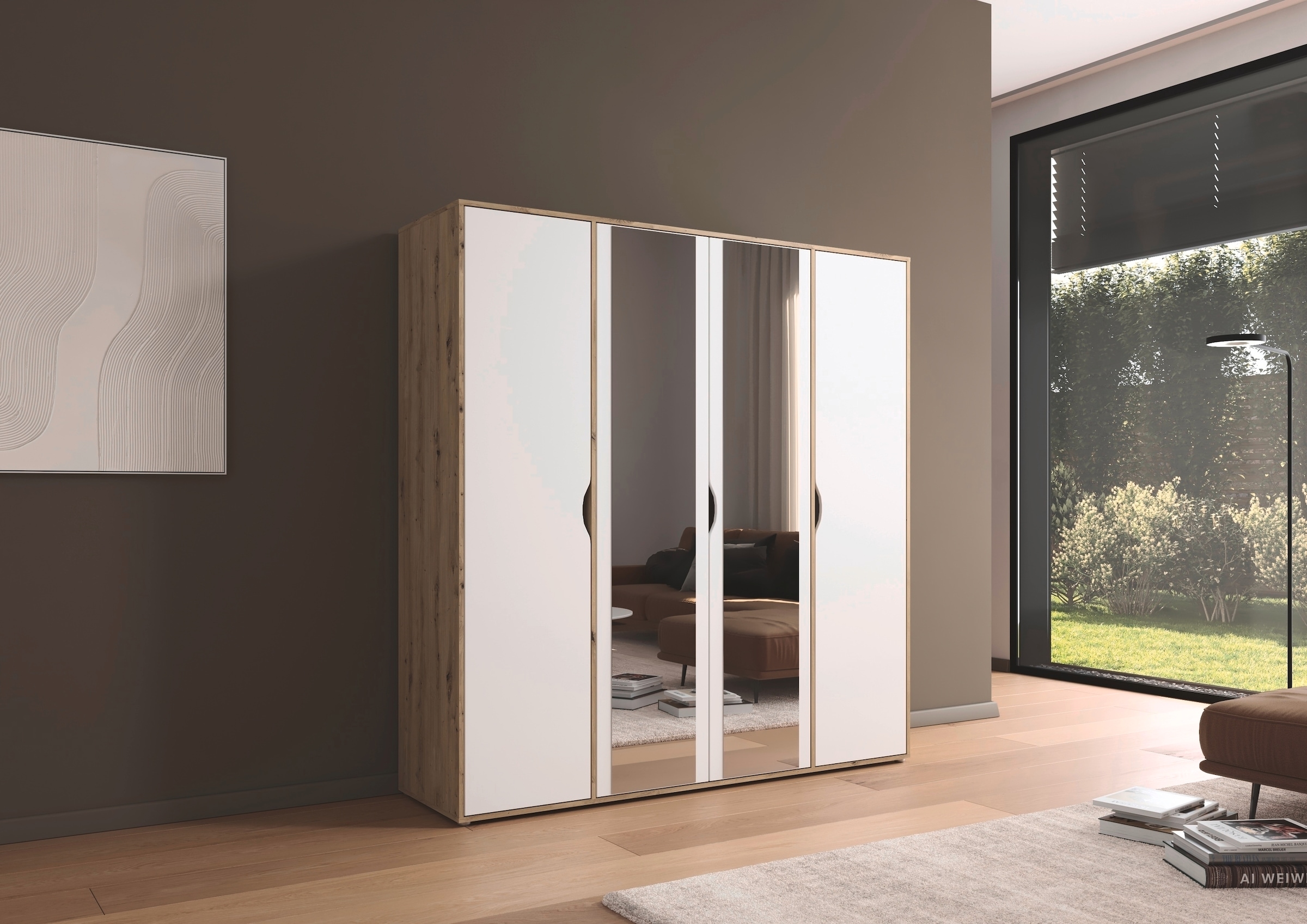 rauch Drehtürenschrank »Kleiderschrank Schrank Garderobe Wäscheschrank NARAI mit Spiegel«, (in 3 verschiedenen Ausstattungen BASIC/CLASSIC/PREMIUM), Griffausfräsungen für eine grifflose Optik TOPSELLER MADE IN GERMANY