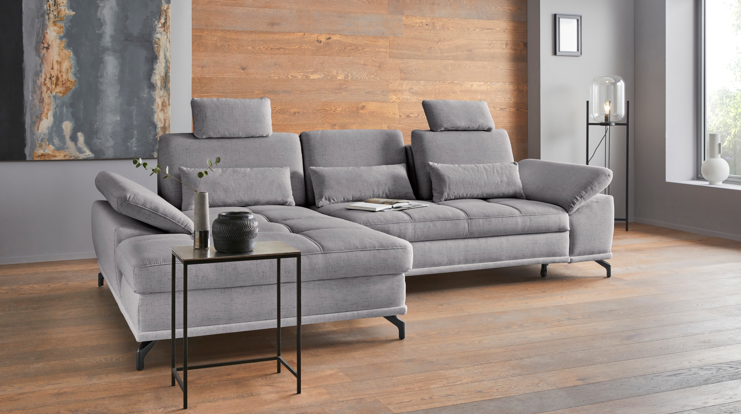 PLACES OF STYLE Ecksofa »Costello L-Form, B: 301 cm mit Sitztiefen-, Armteilverstellung &« 3 Nierenkissen, optional Bettfunktion & Bettkasten