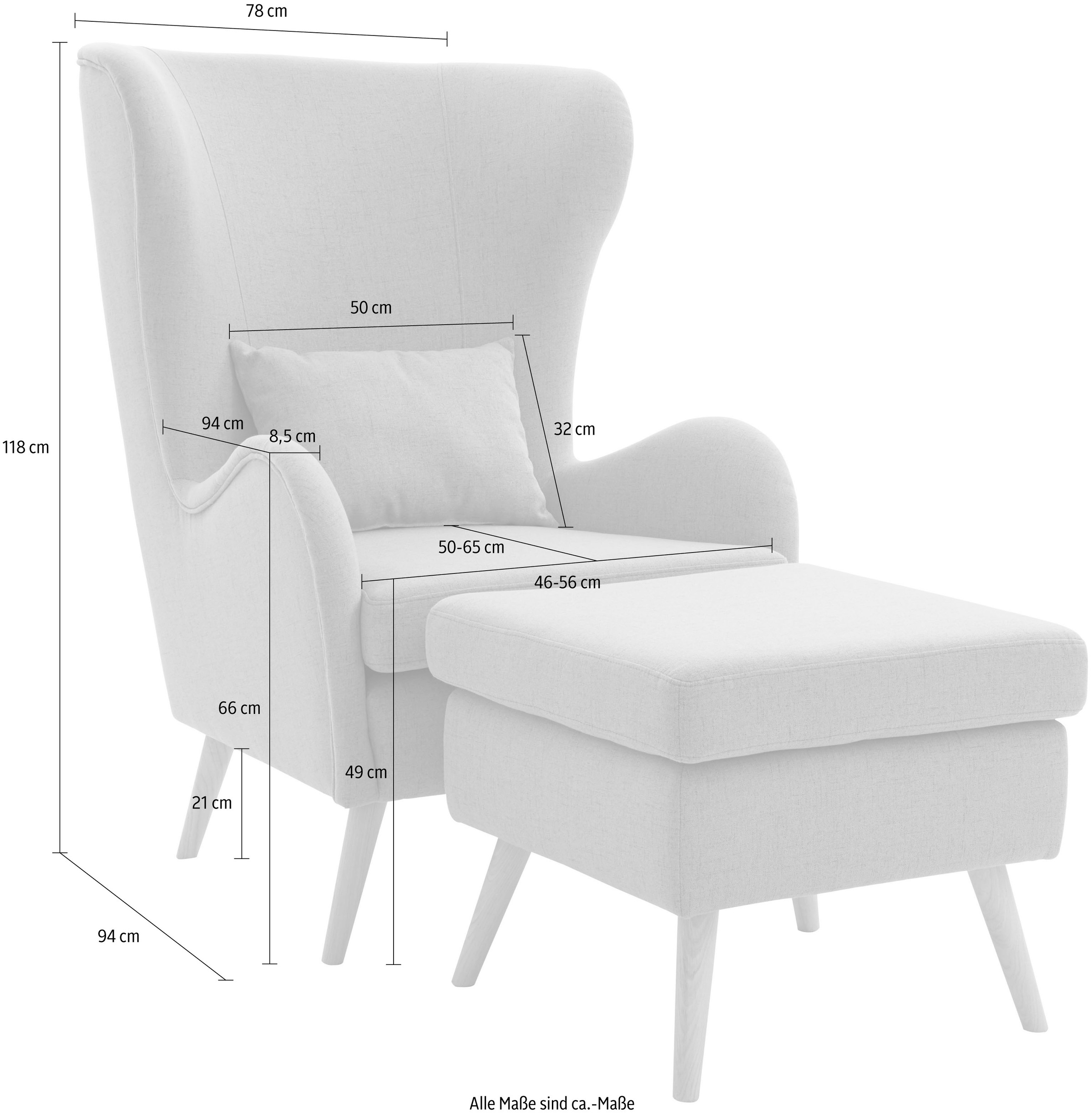 Guido Maria Kretschmer Home&Living Sessel »Salla auch in Fellimitat und Feincord, viele Bezugsarten, Ohrensessel«, wahlweise mit oder ohne Hocker; großer Sessel: Maße B/T/H: 78/94/118cm