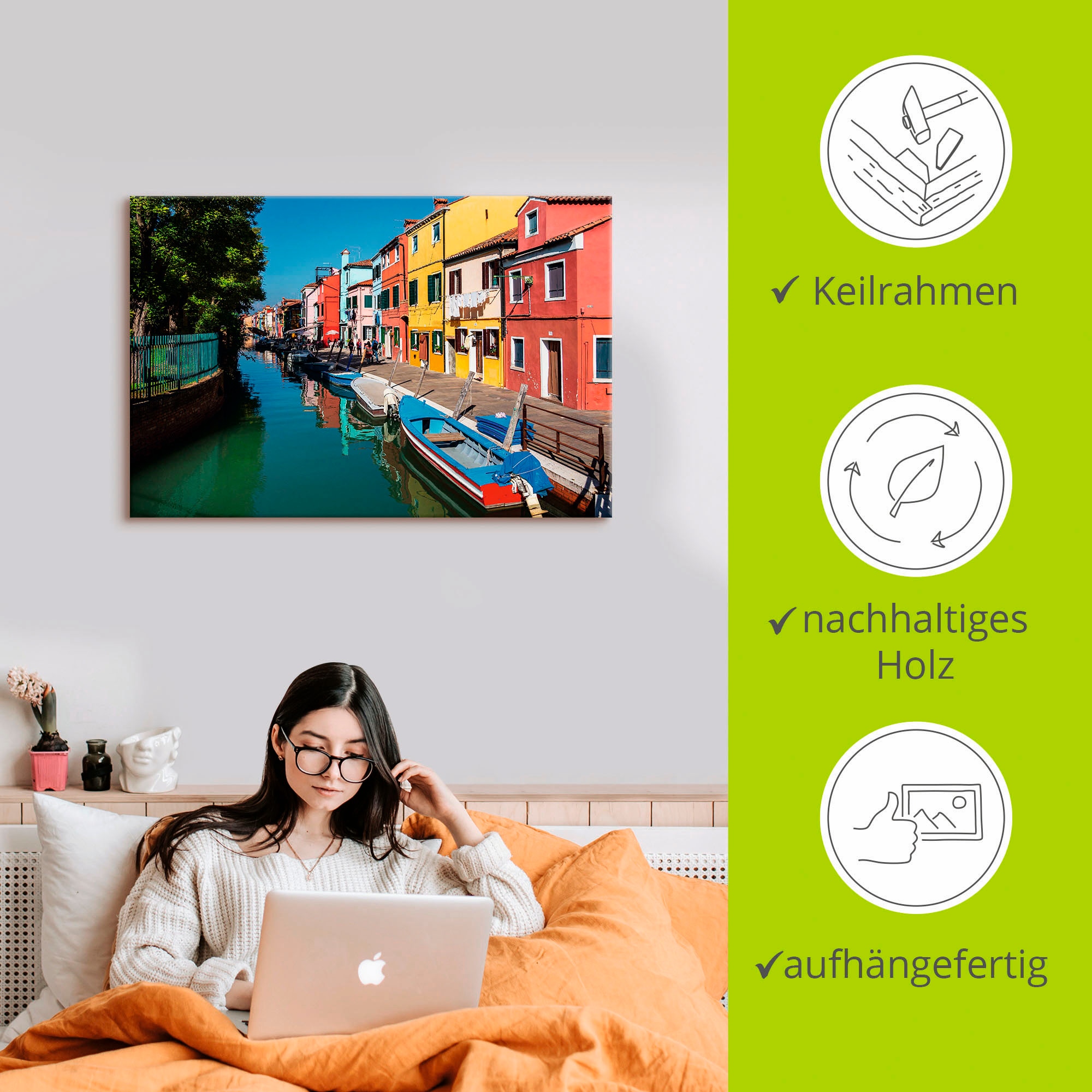 Artland Wandbild »Bunte Gebäude auf Insel Burano Venedig«, Bilder von Booten & Schiffen (1 Stück), in vielen Größen & Produktarten - Alubild/Outdoorbild, Leinwandbild, Poster, Wandaufkleber/Wandtattoo auch für Badezimmer geeignet