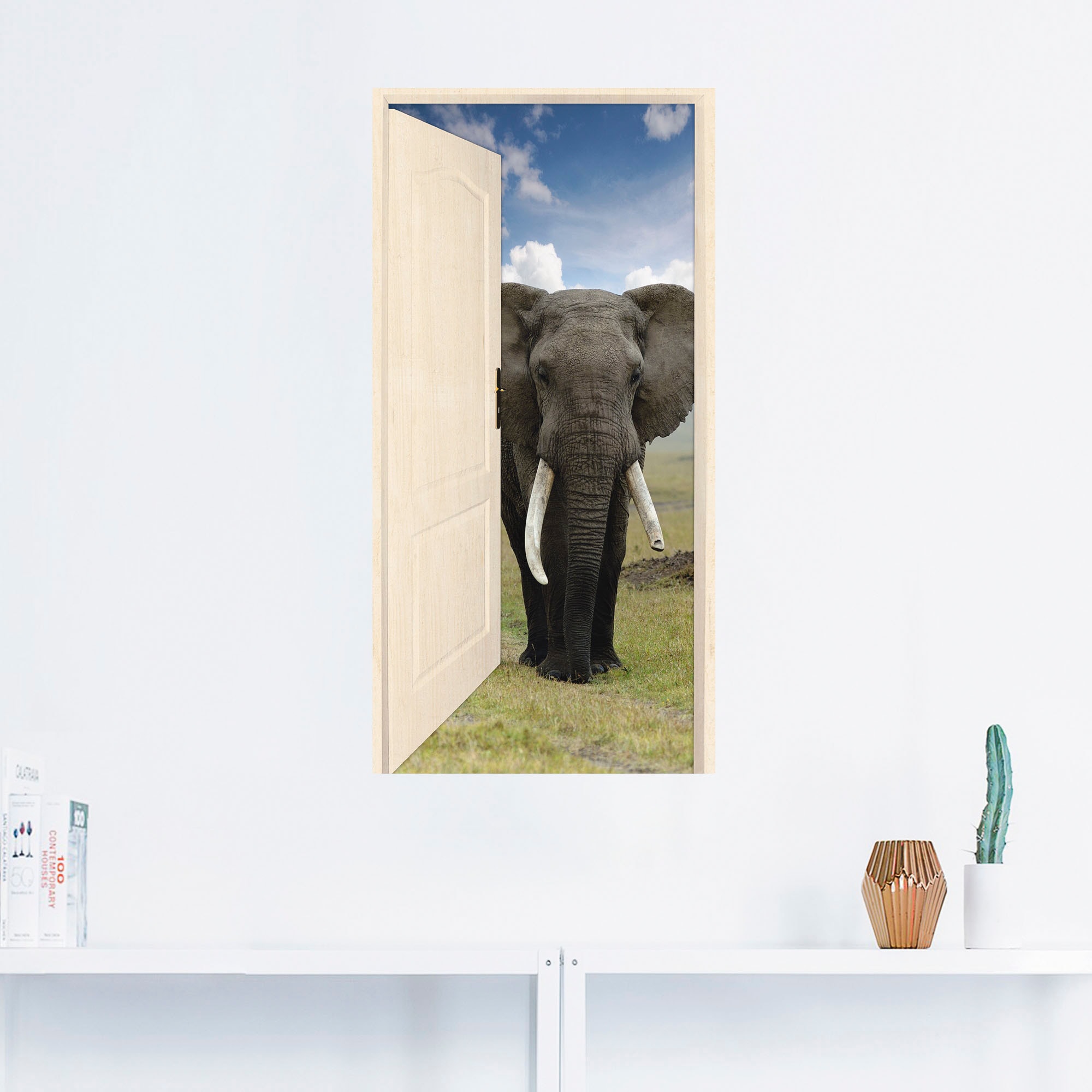 Artland Wandbild »Offene weiße Türe mit Blick auf Elefant«, Wildtiere, (1 St.), als Leinwandbild, Poster, Wandaufkleber in verschied. Größen