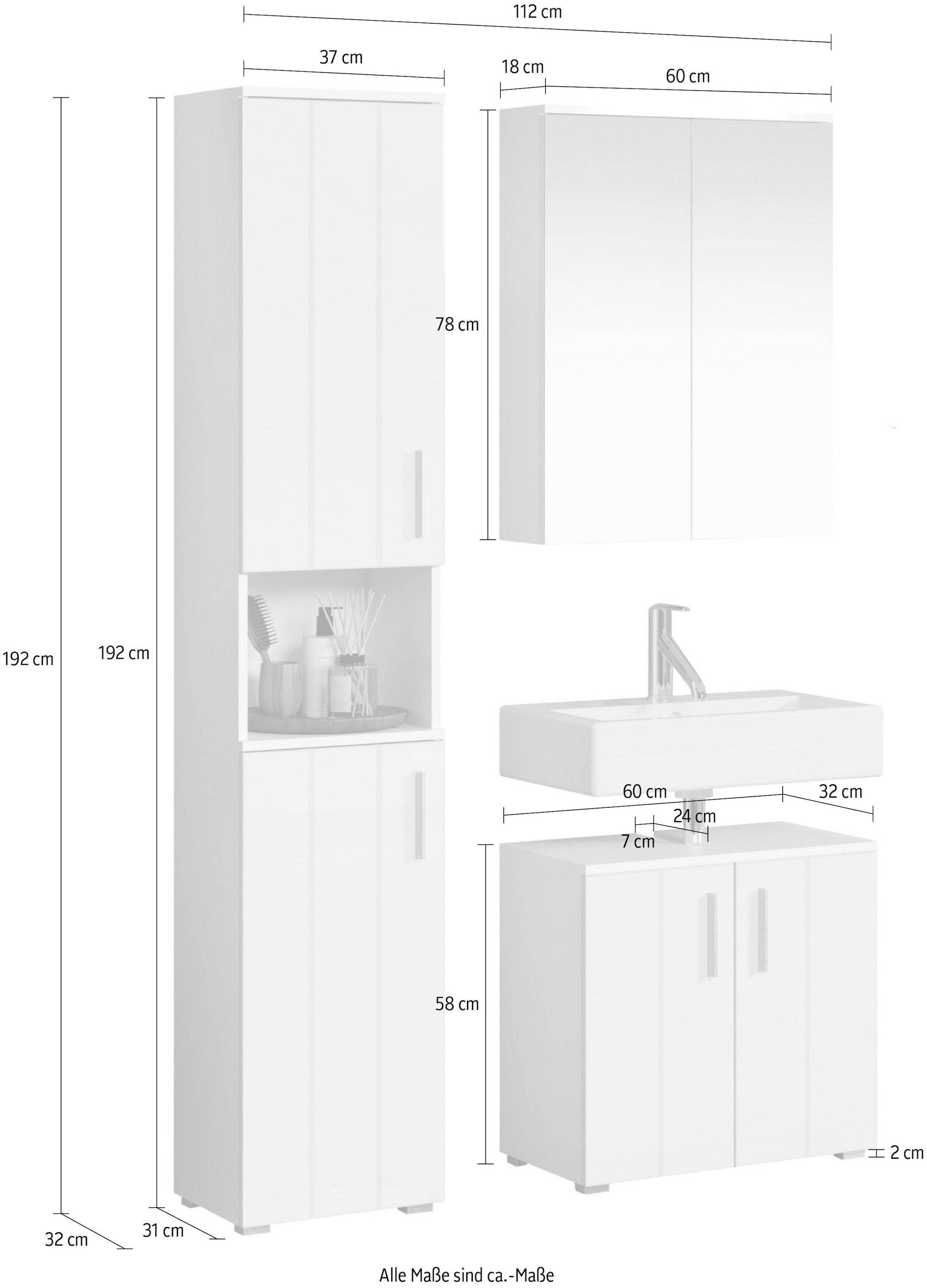 welltime Badezimmer-Set »Prag«, (Set, 3 St.), Hochschrank, Waschtisch und Spiegelschrank mit vertikalen Fräsungen