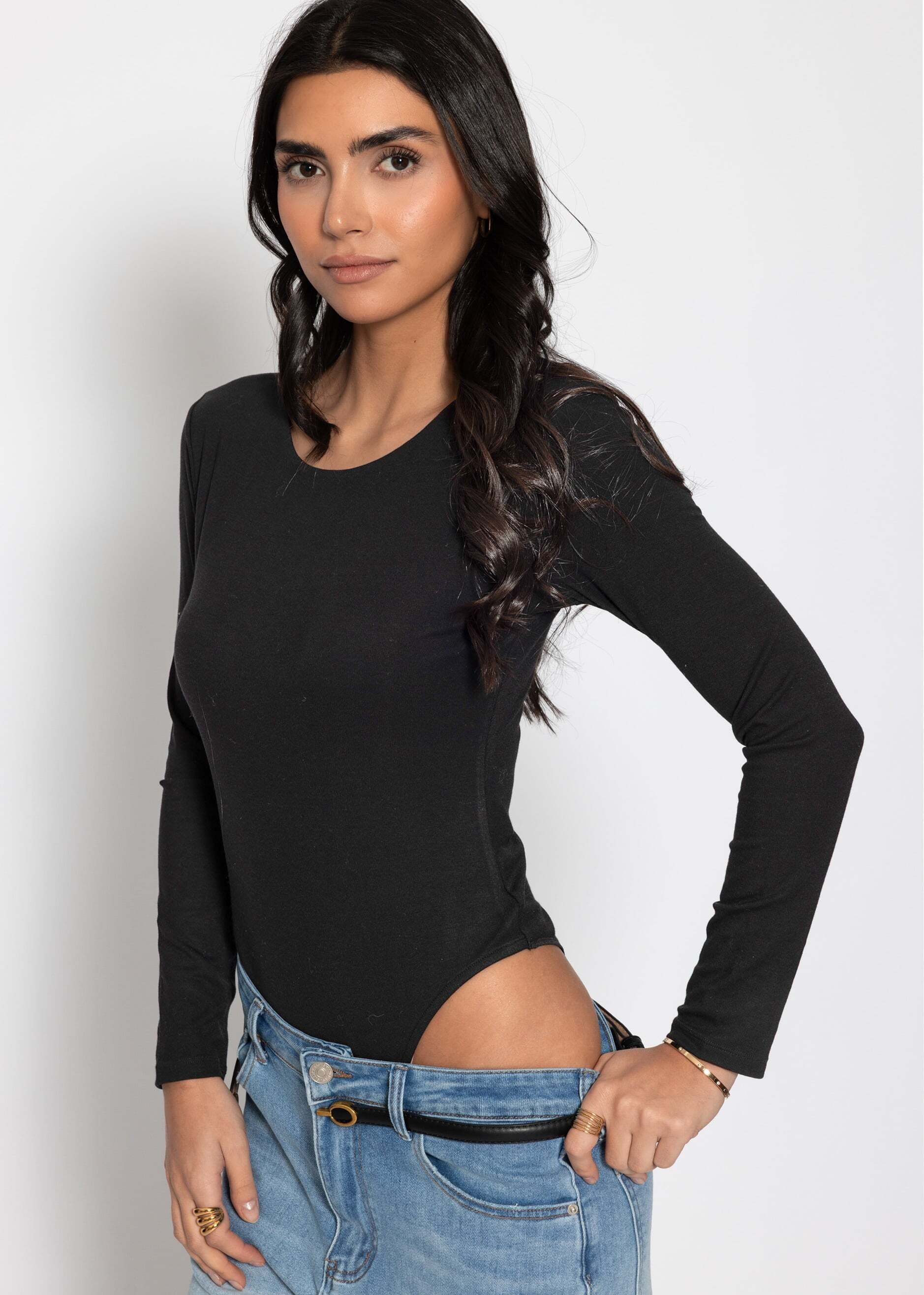 SASSYCLASSY Langarmbody »Langarm Body mit Rundhalsausschnitt« Eleganter Body aus elastischem Material mit Druckknöpfen