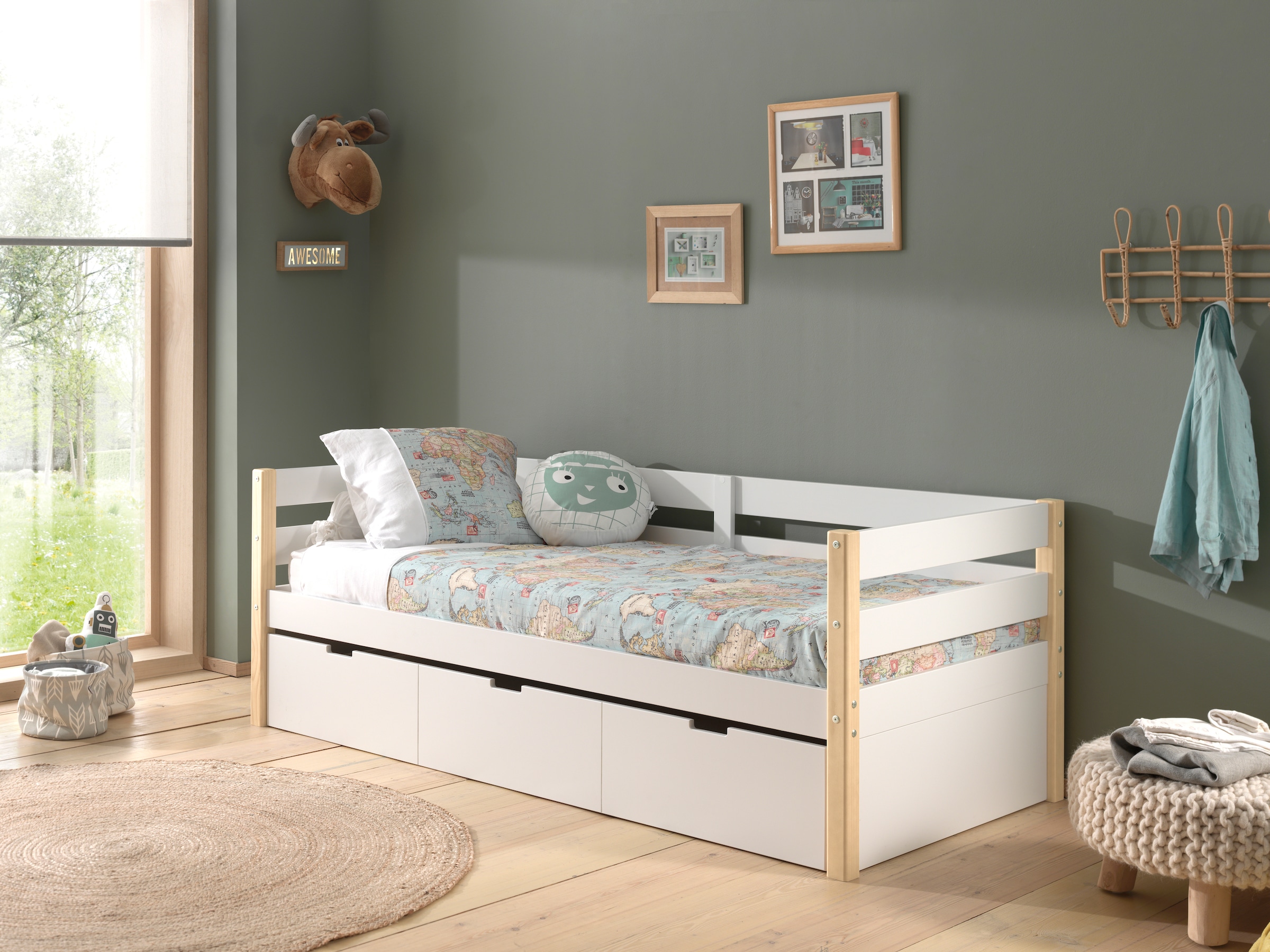 Vipack Einzelbett, (Made in Europe), Kojenbett mit seitlichem Umbau und Bettpfosten, Liegefläche 90 x 200cm