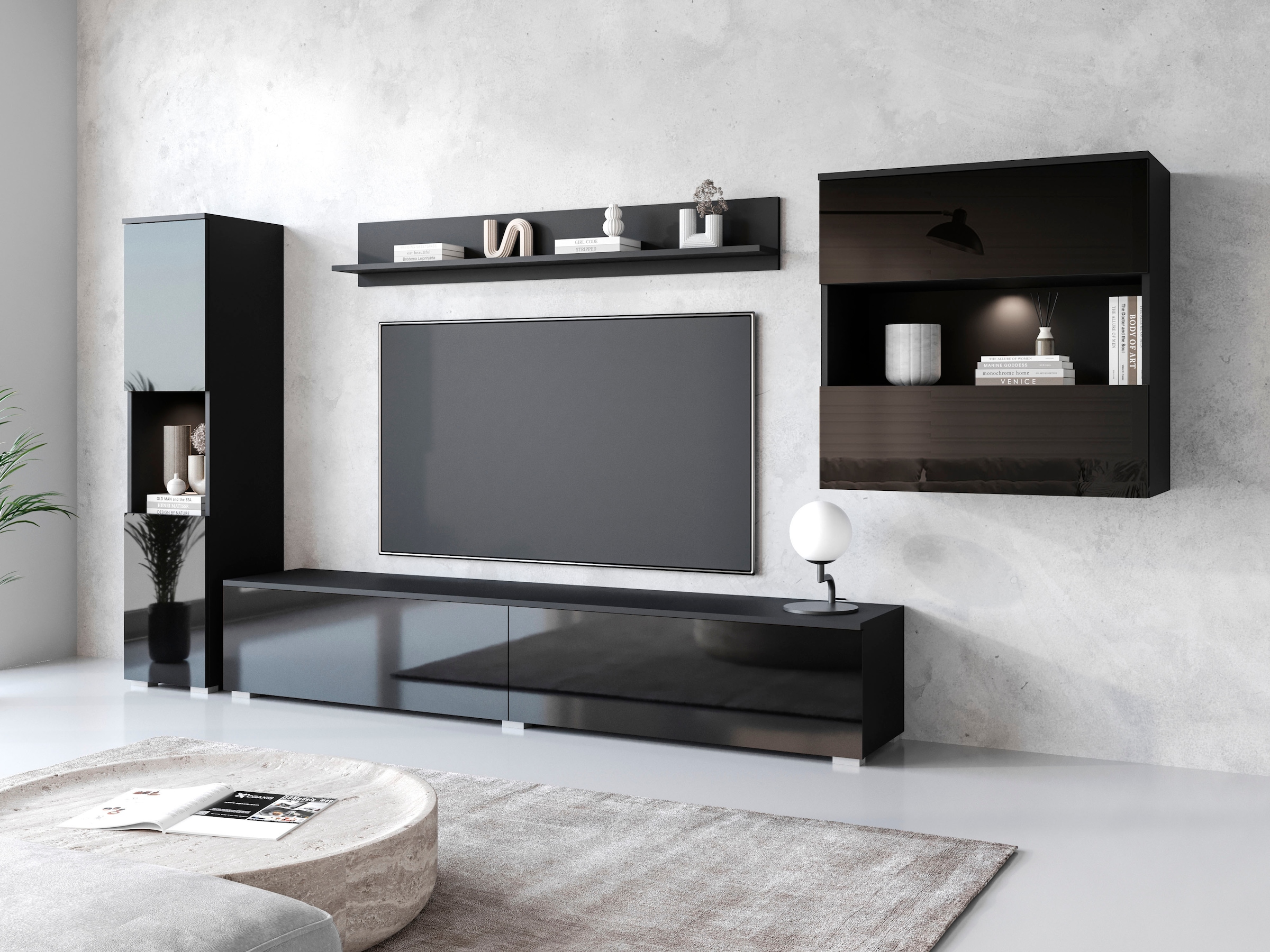 INOSIGN Wohnwand »PARIS, Vitrine Türanschlag links/rechts wechselbar«, (Komplett-Set, 4 St.), grifflose Design, stehend und hängend montierbar